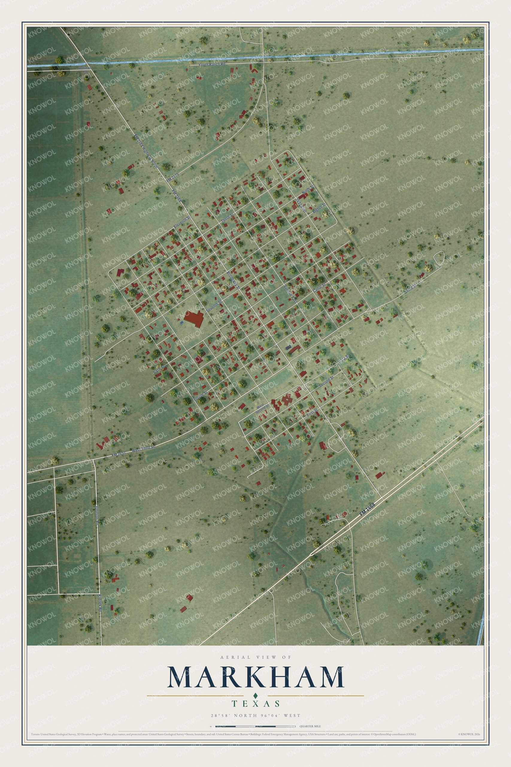 Full map of Markham, Texas, with red buildings, printed street names and the land around them