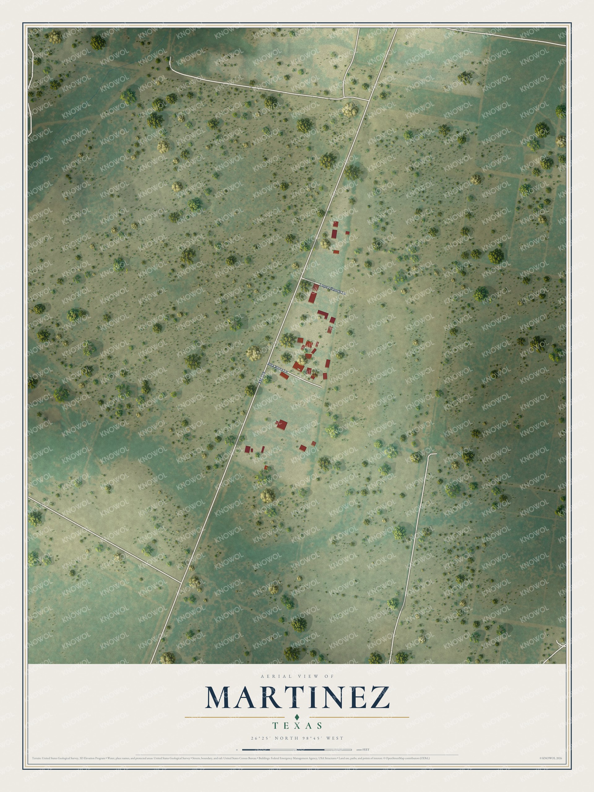 Full map of Martinez, Texas, with red buildings, printed street names and the land around them