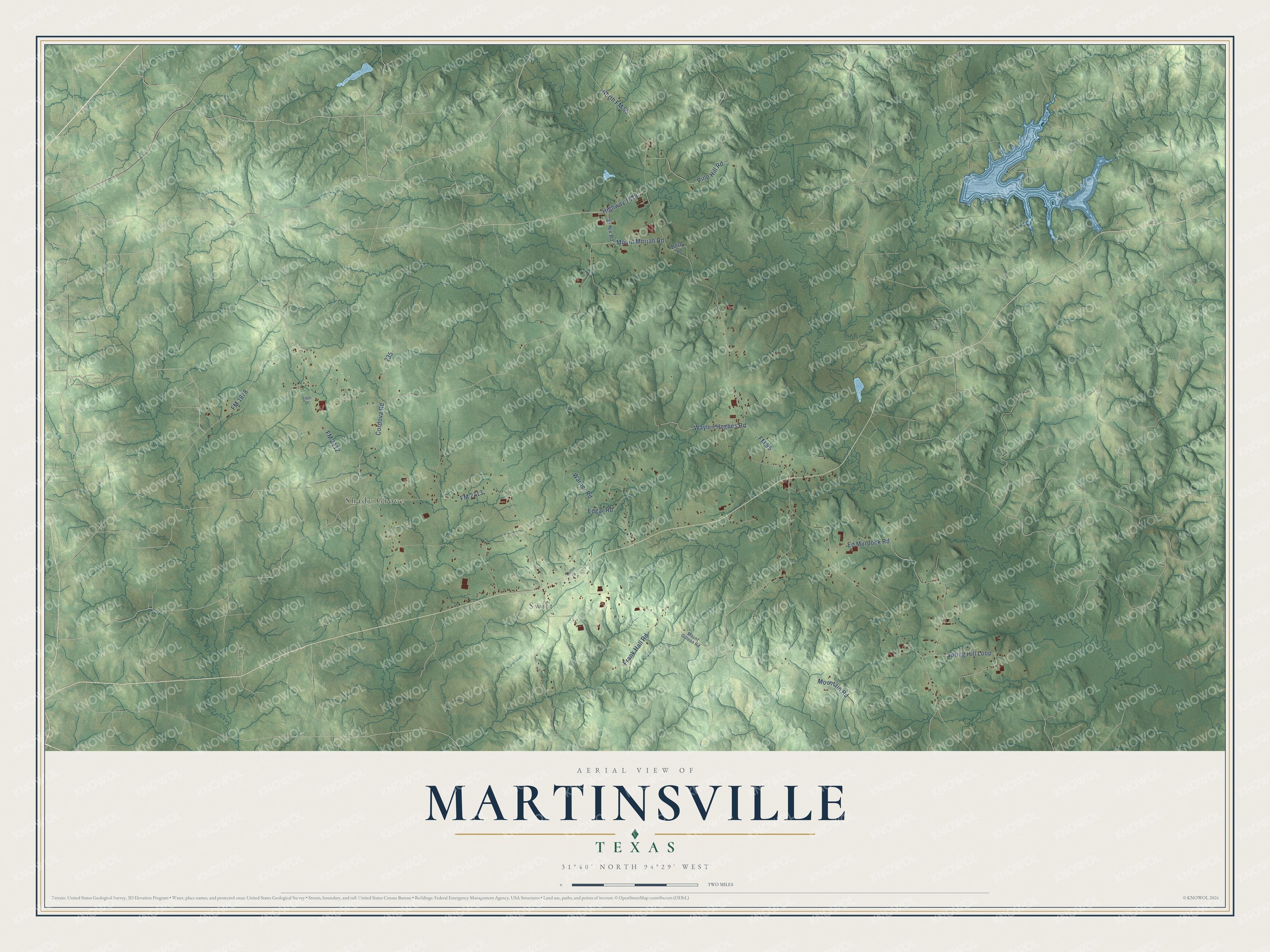 Full map of Martinsville, Texas, with red buildings, printed street names and the land around them