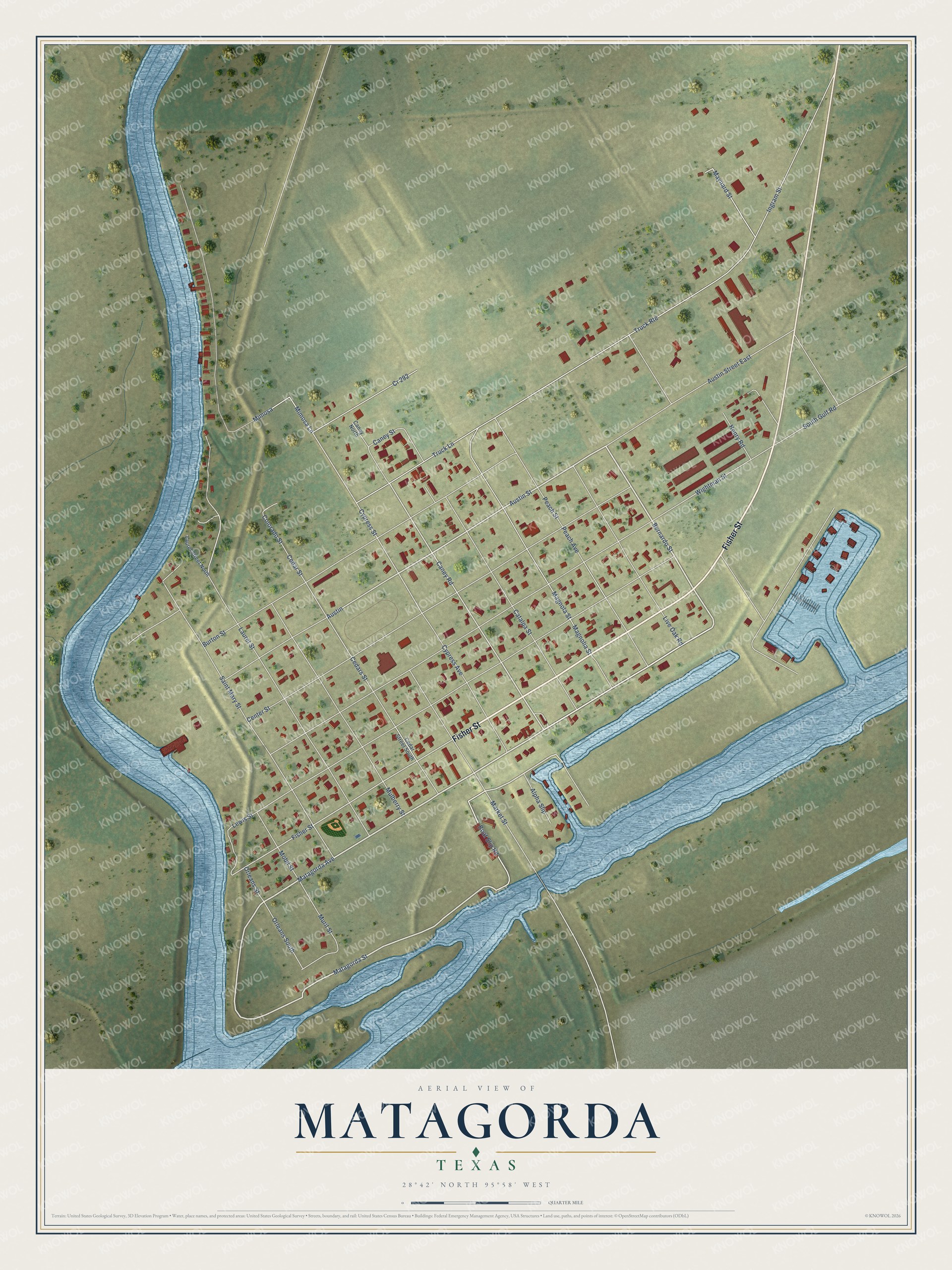Full map of Matagorda, Texas, with red buildings, printed street names and the land around them