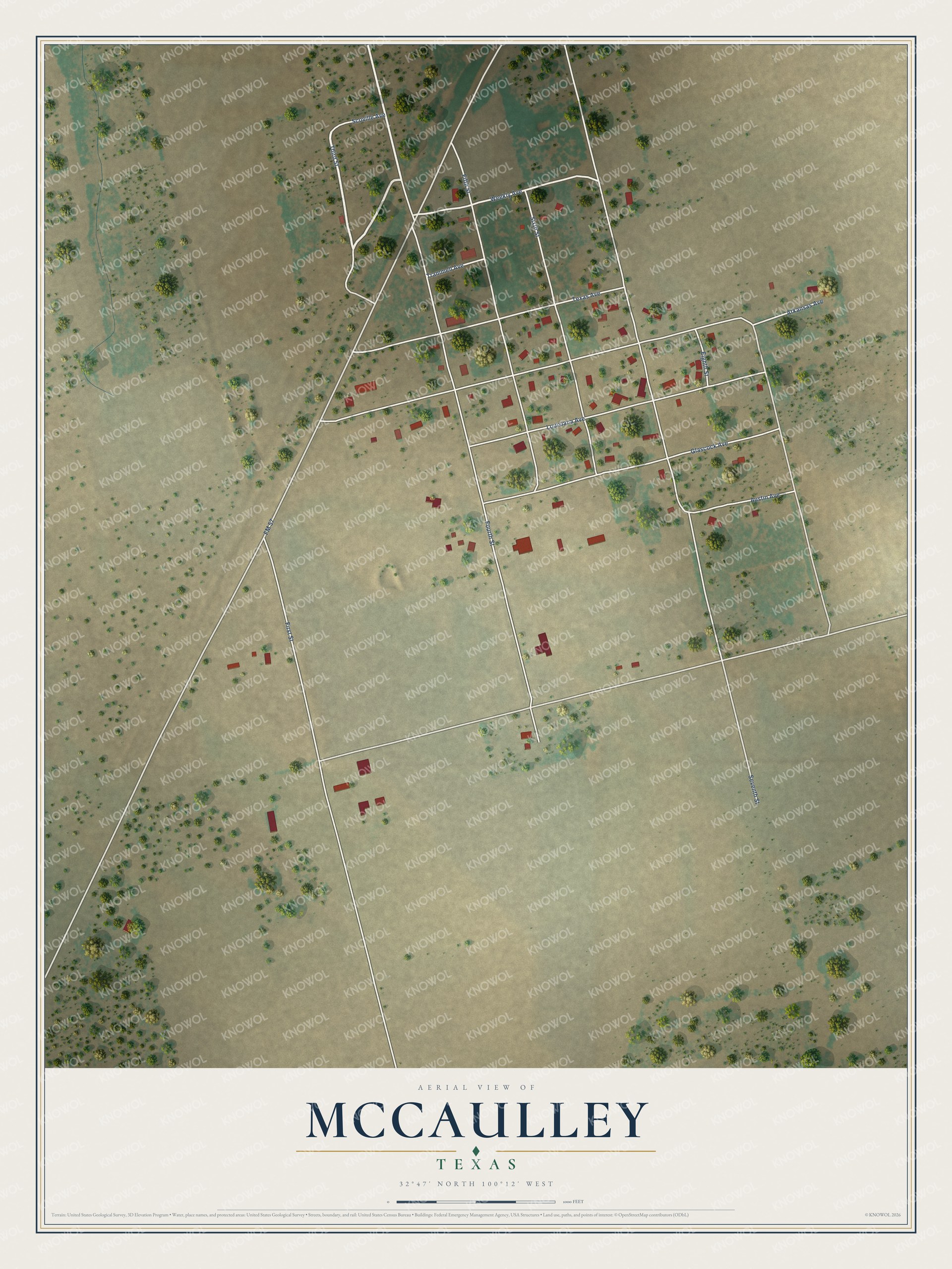Full map of McCaulley, Texas, with red buildings, printed street names and the land around them
