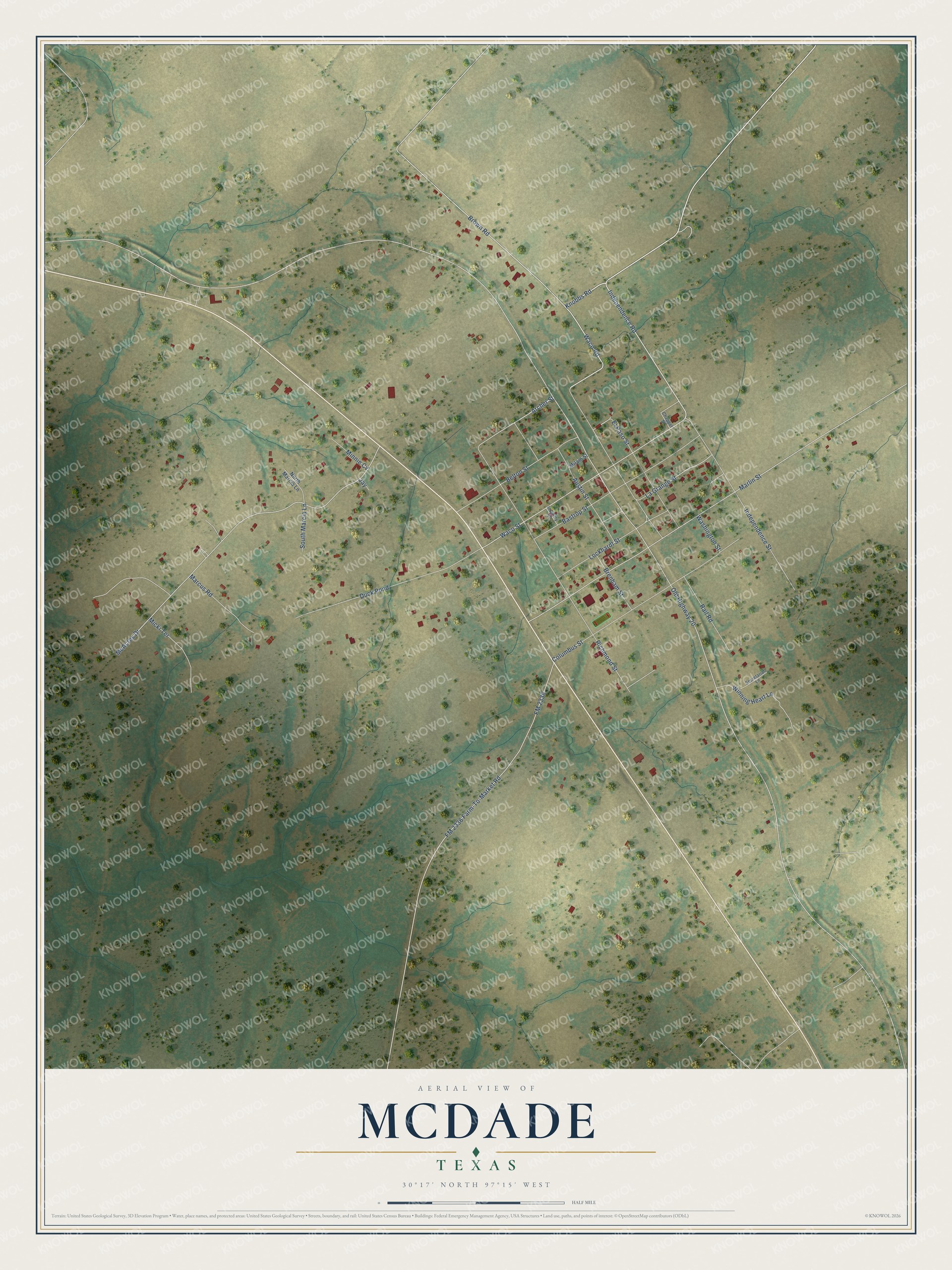 Full map of McDade, Texas, with red buildings, printed street names and the land around them