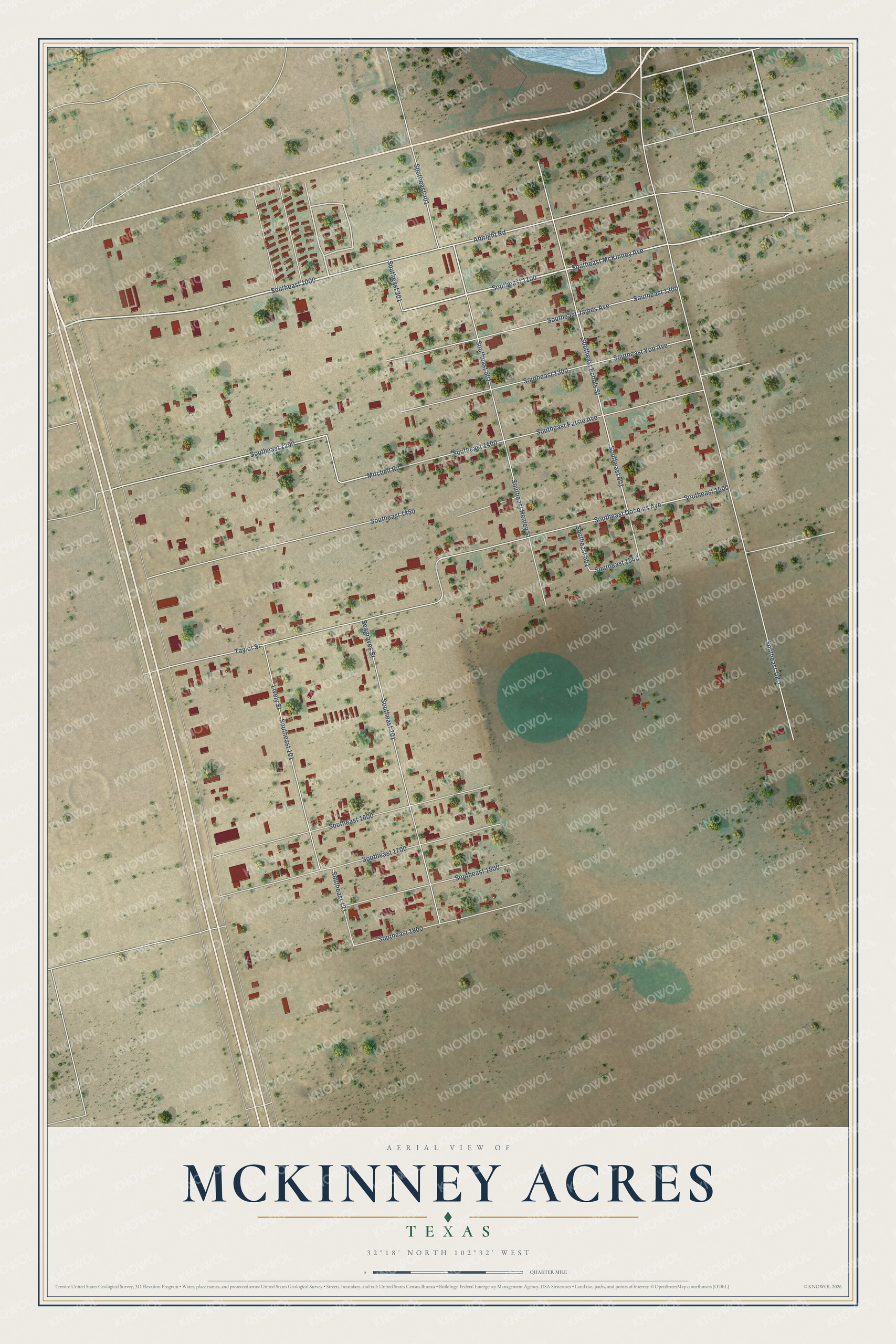 Full map of McKinney Acres, Texas, with red buildings, printed street names and the land around them