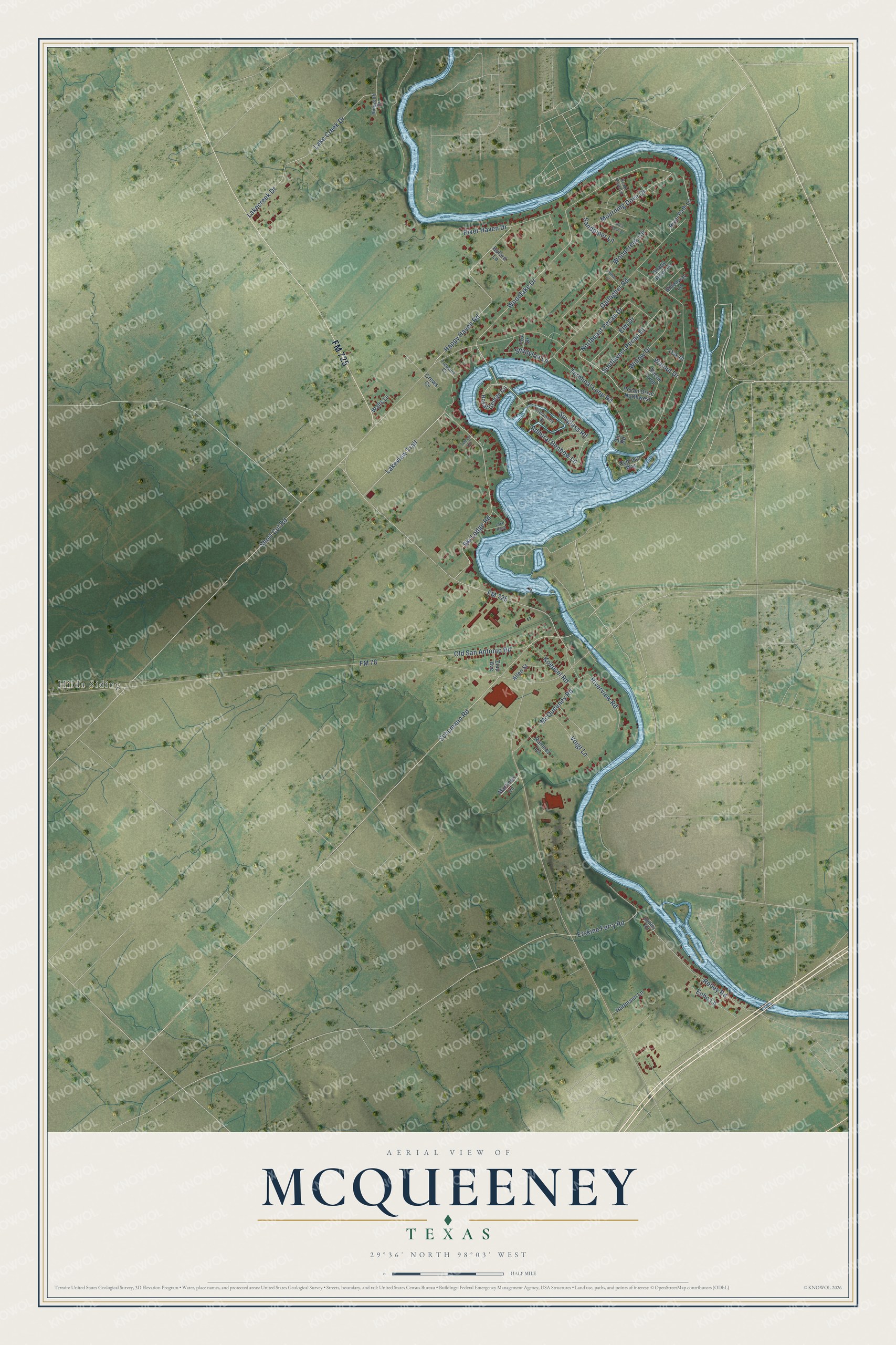 Full map of McQueeney, Texas, with red buildings, printed street names and the land around them