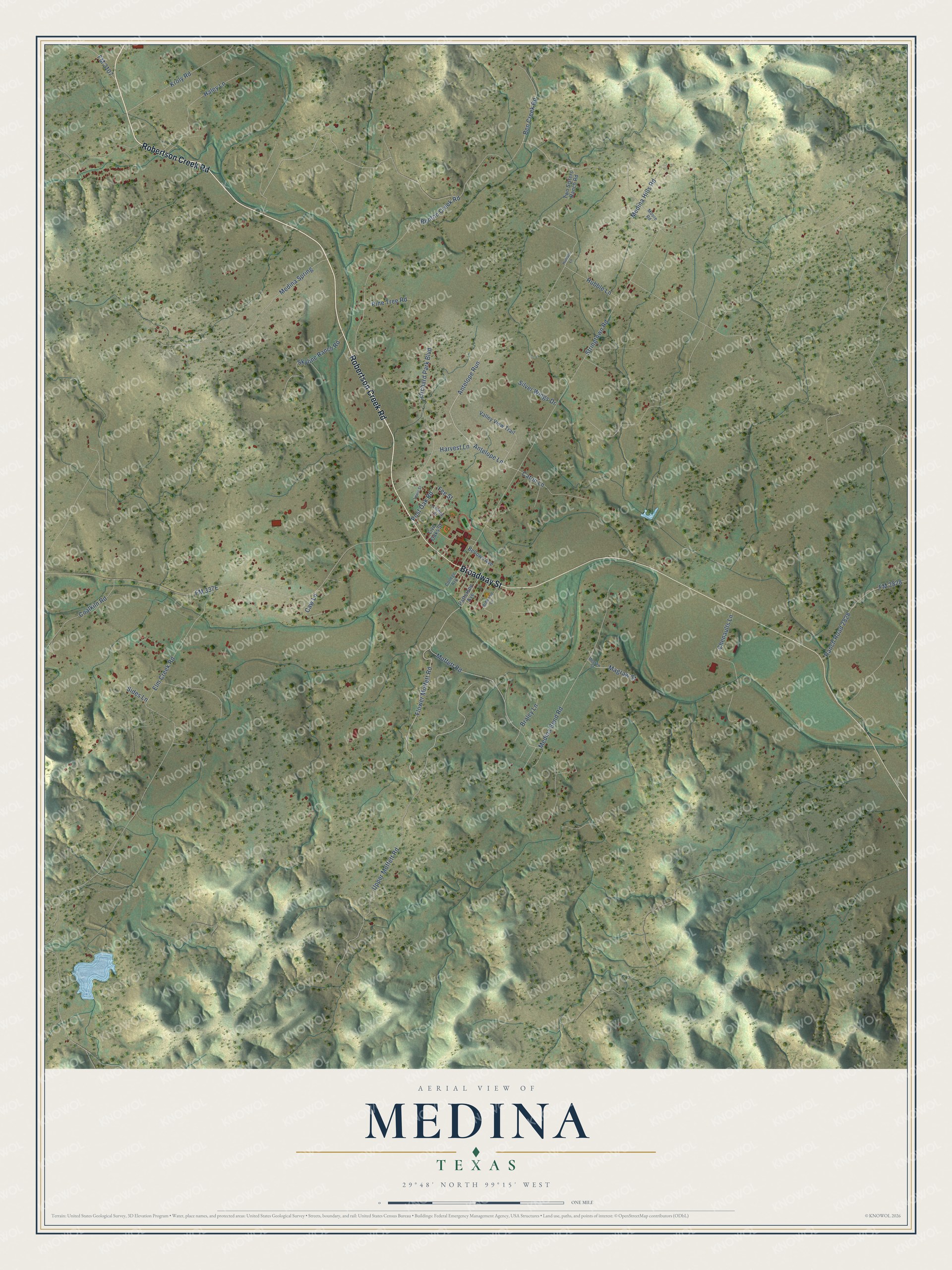 Full map of Medina, Texas, with red buildings, printed street names and the land around them