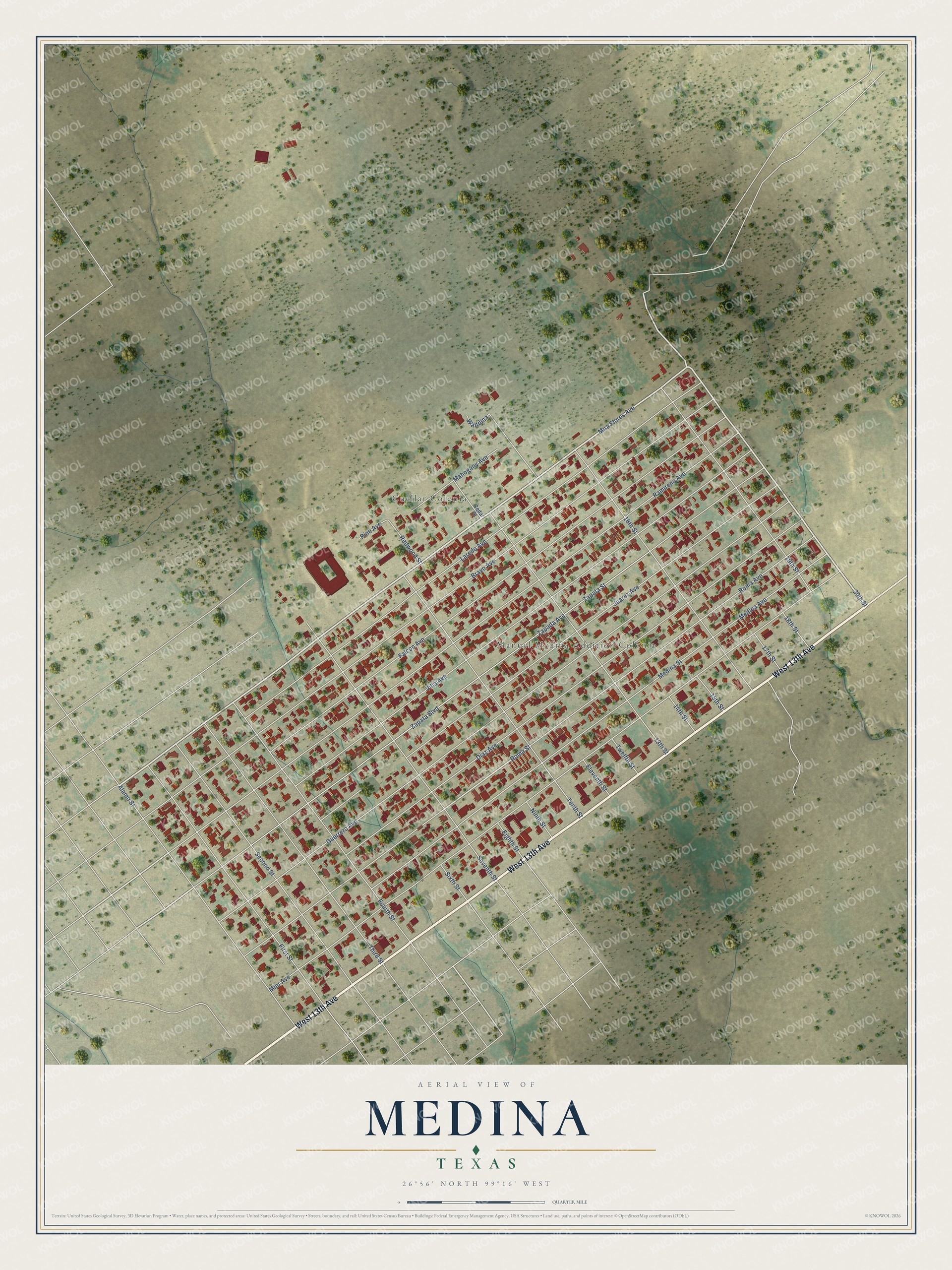 Full map of Medina, Texas, with red buildings, printed street names and the land around them
