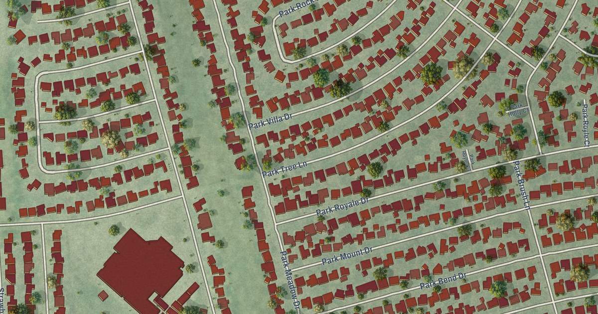 Close-up of streets and buildings in Memorial Parkway, Texas