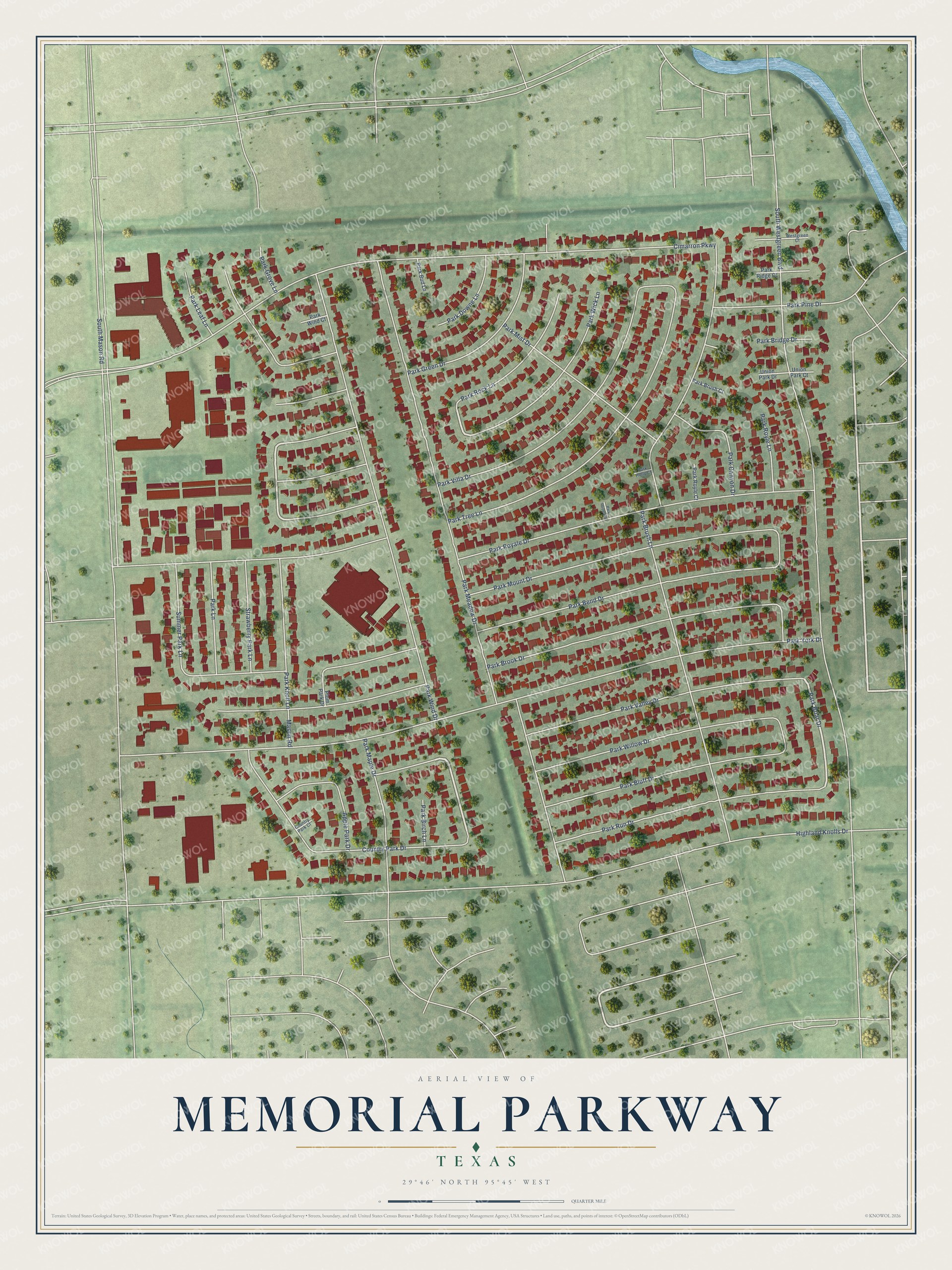 Watermarked full-map preview of Memorial Parkway, Texas