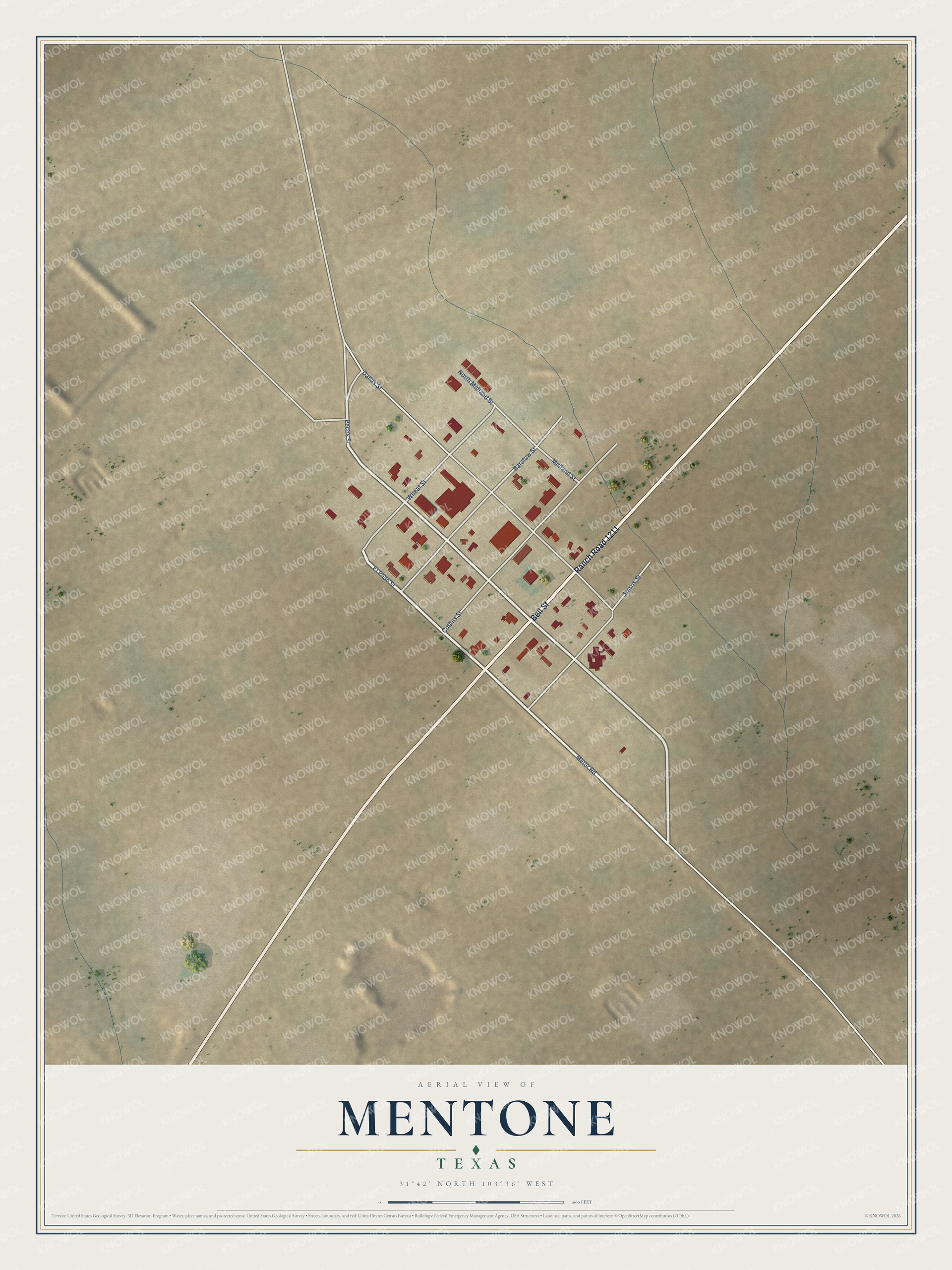 Full map of Mentone, Texas, with red buildings, printed street names and the land around them