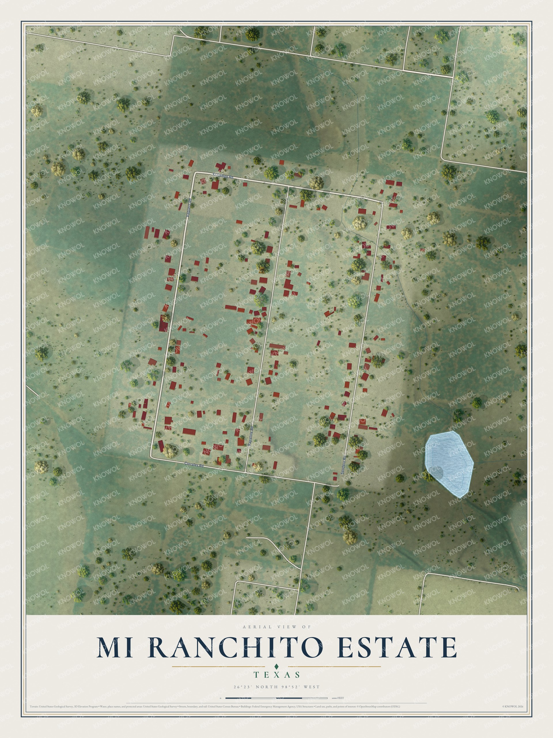 Full map of Mi Ranchito Estate, Texas, with red buildings, printed street names and the land around them
