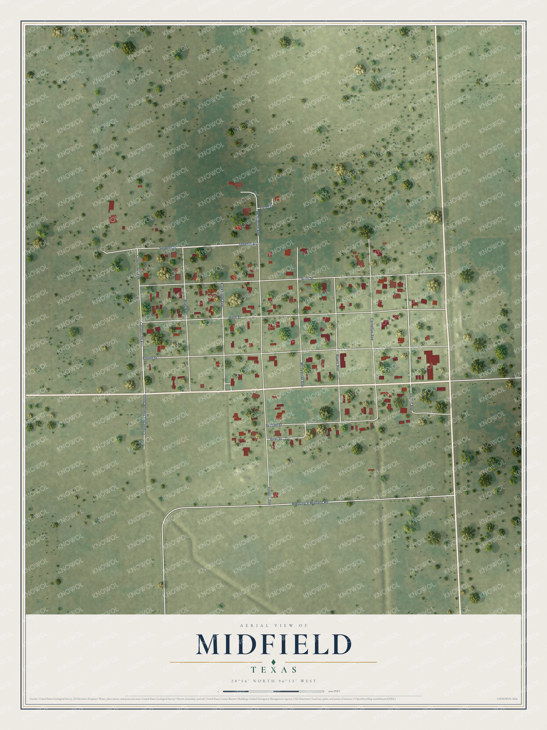 Full map of Midfield, Texas, with red buildings, printed street names and the land around them