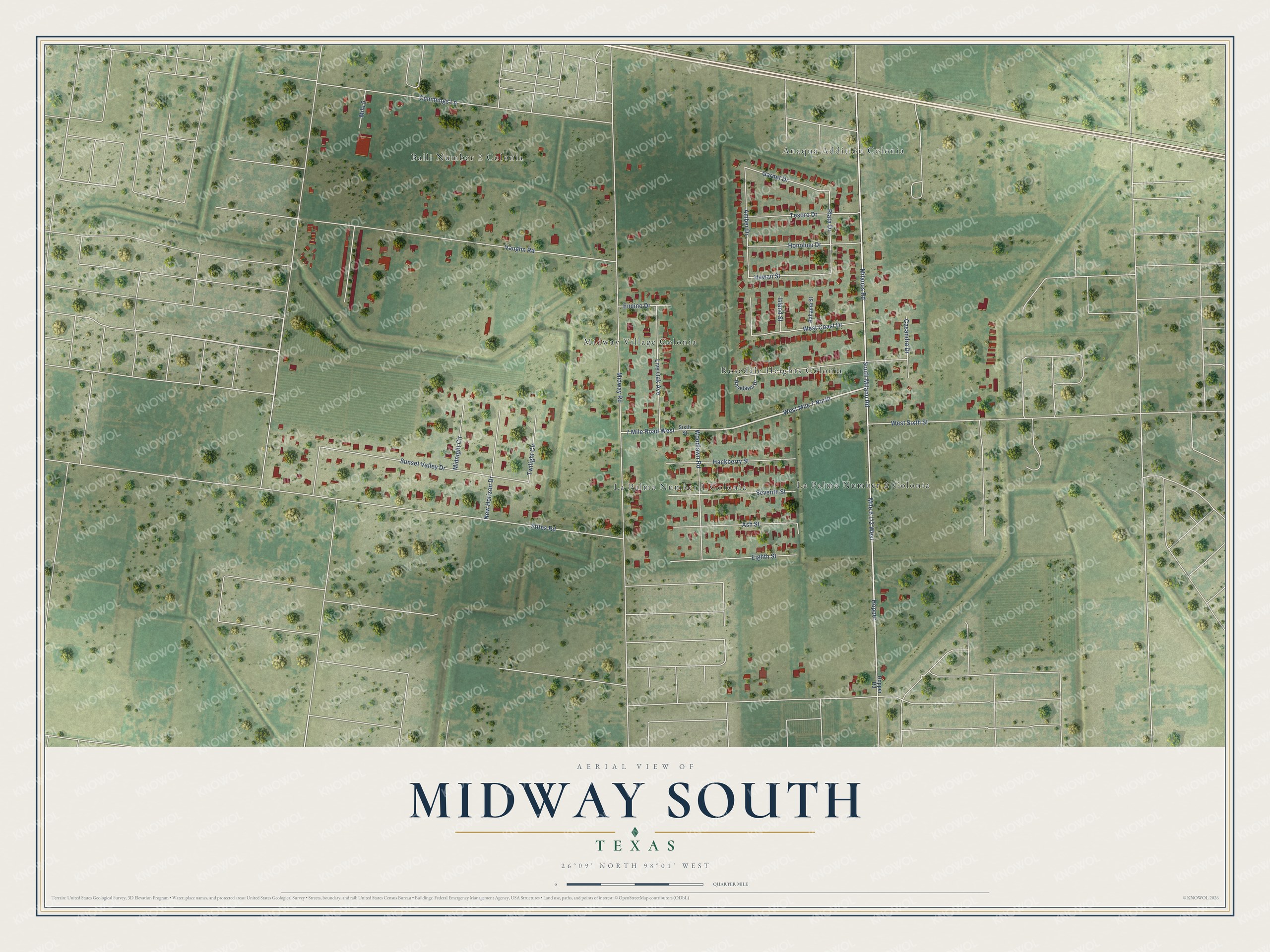 Full map of Midway South, Texas, with red buildings, printed street names and the land around them