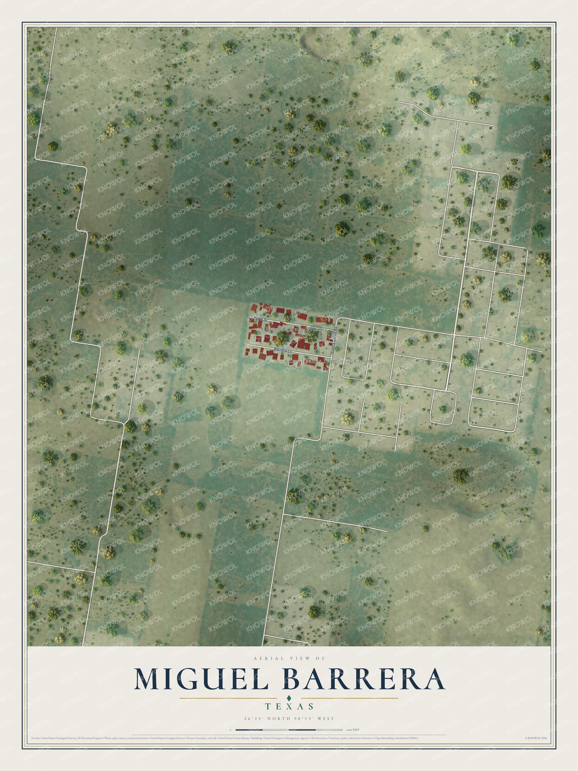 Full map of Miguel Barrera, Texas, with red buildings, printed street names and the land around them