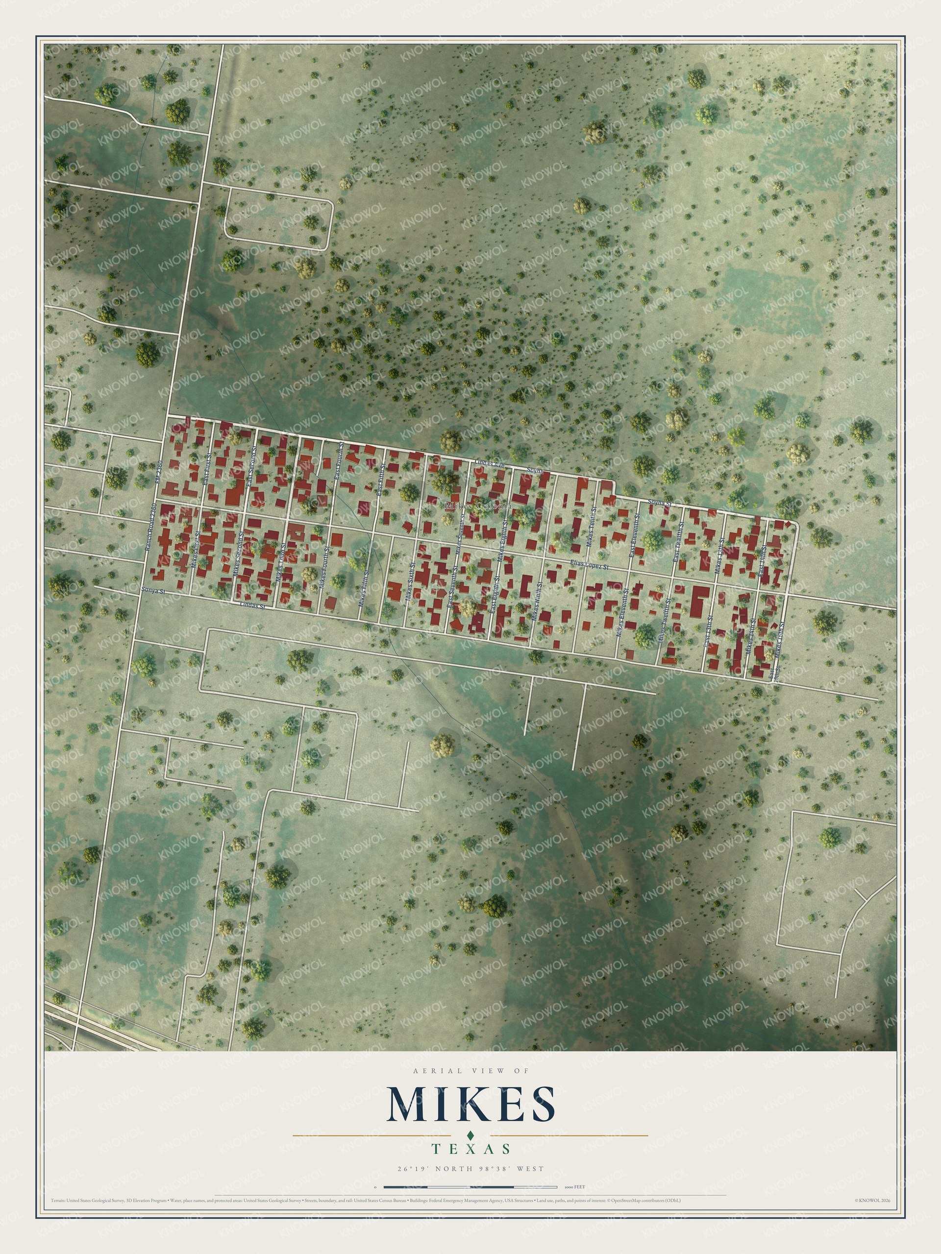 Full map of Mikes, Texas, with red buildings, printed street names and the land around them