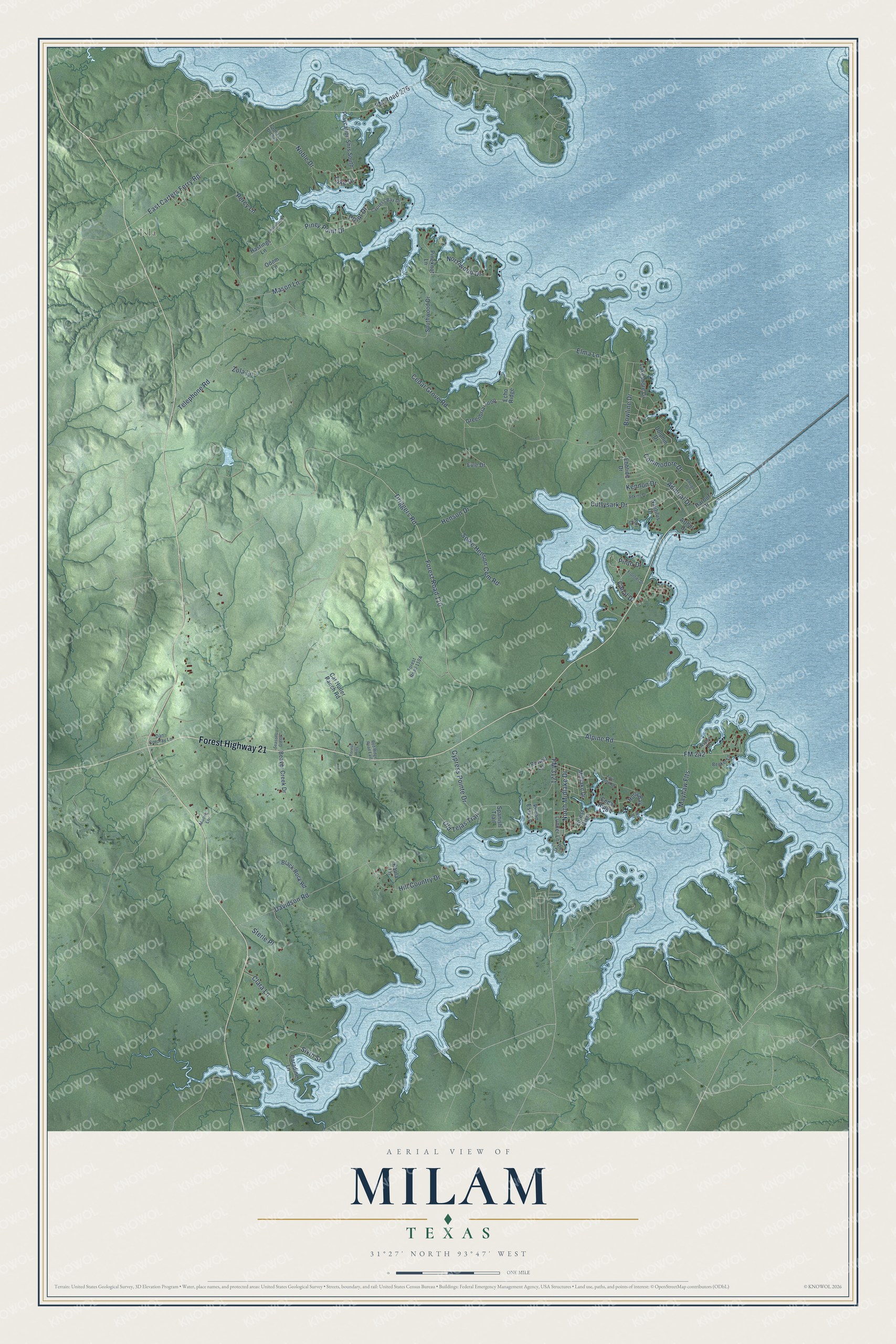 Full map of Milam, Texas, with red buildings, printed street names and the land around them