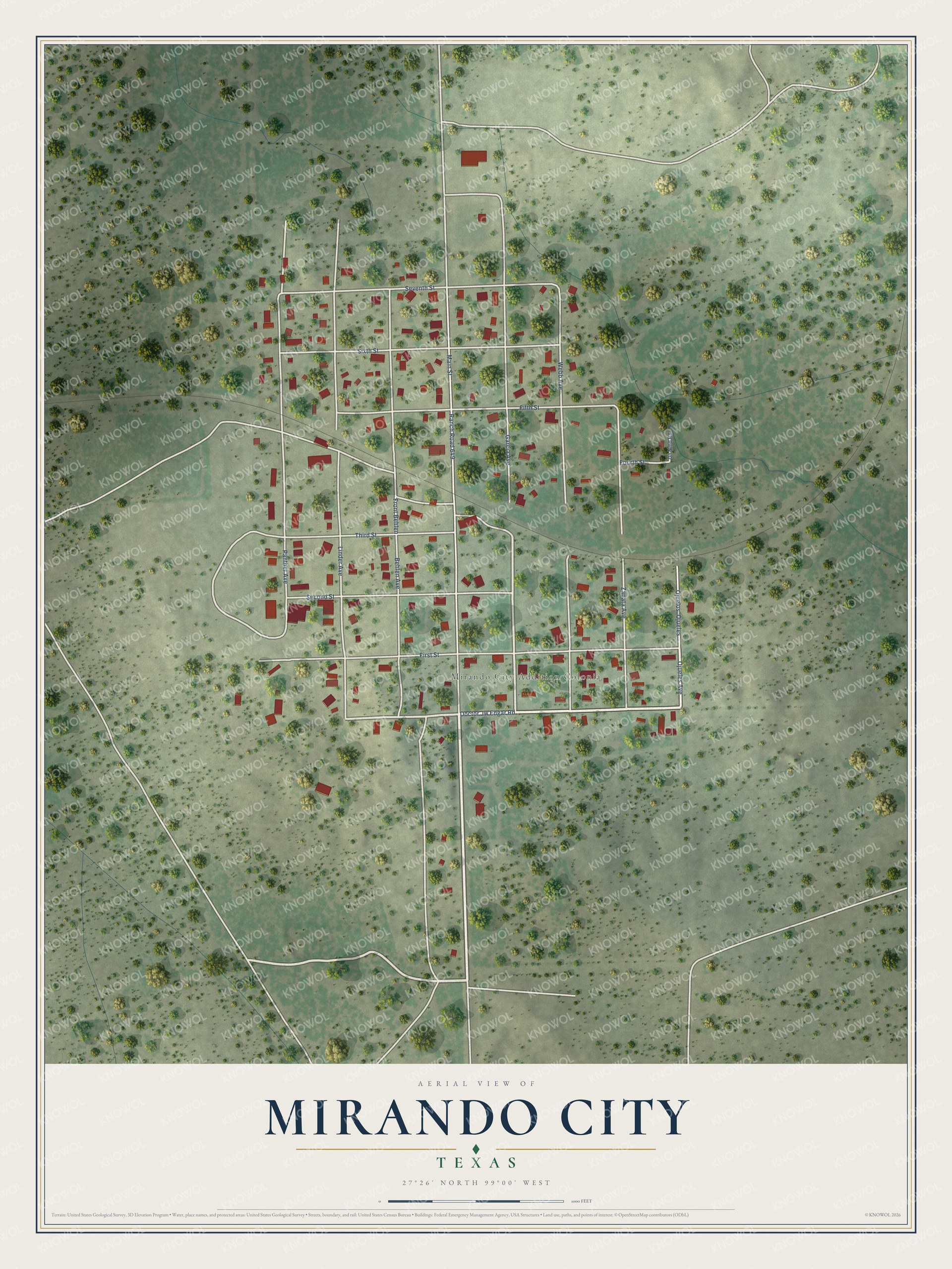 Full map of Mirando City, Texas, with red buildings, printed street names and the land around them