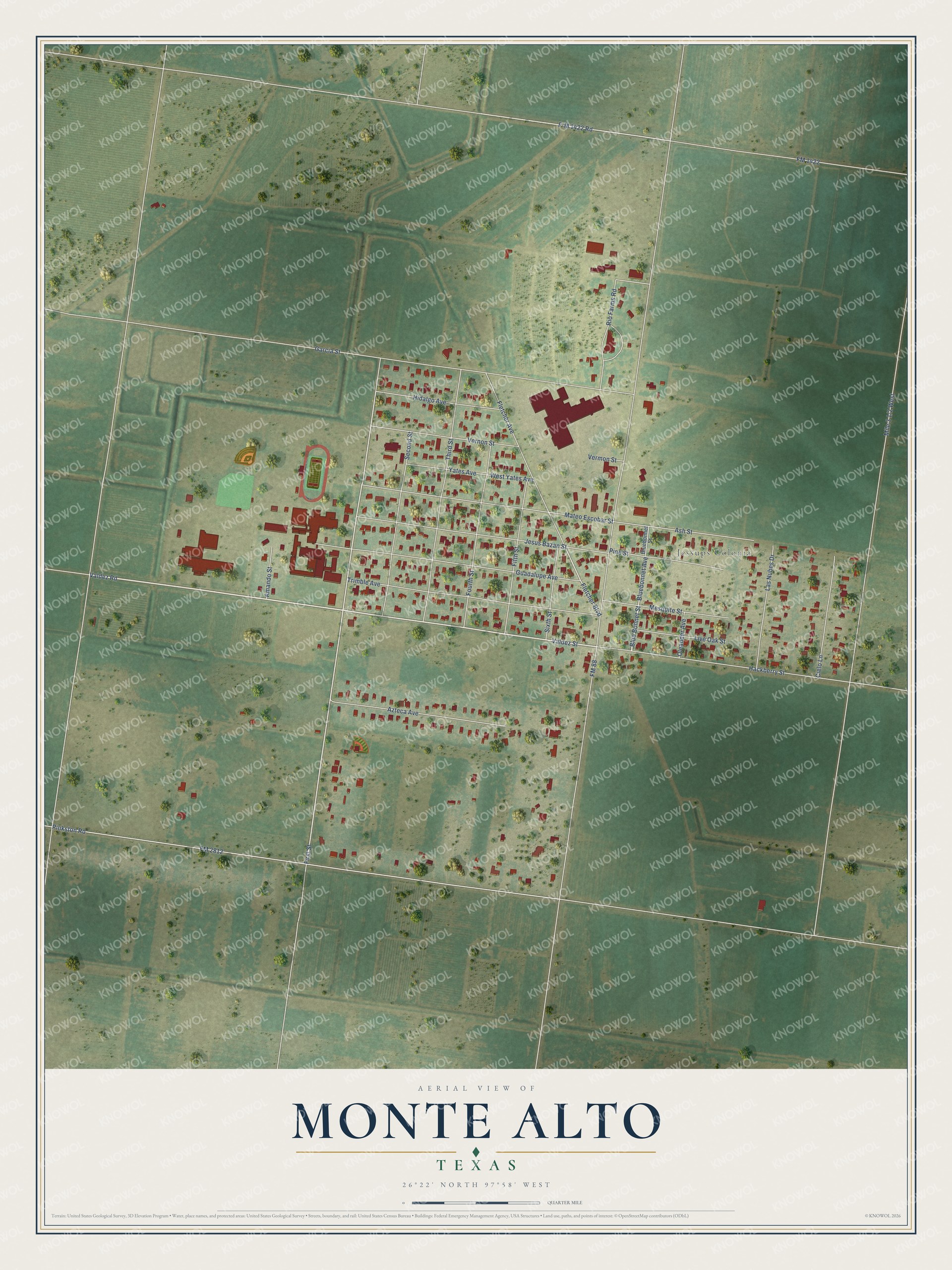 Full map of Monte Alto, Texas, with red buildings, printed street names and the land around them
