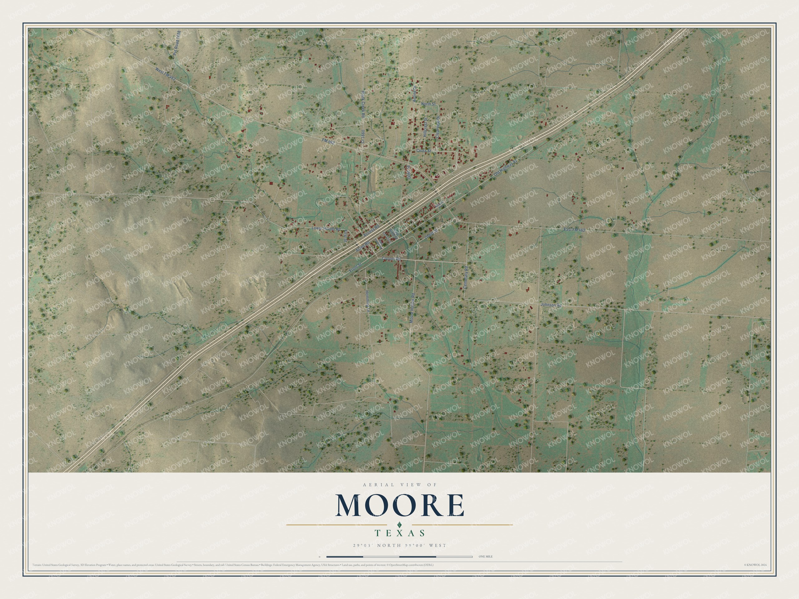 Full map of Moore, Texas, with red buildings, printed street names and the land around them