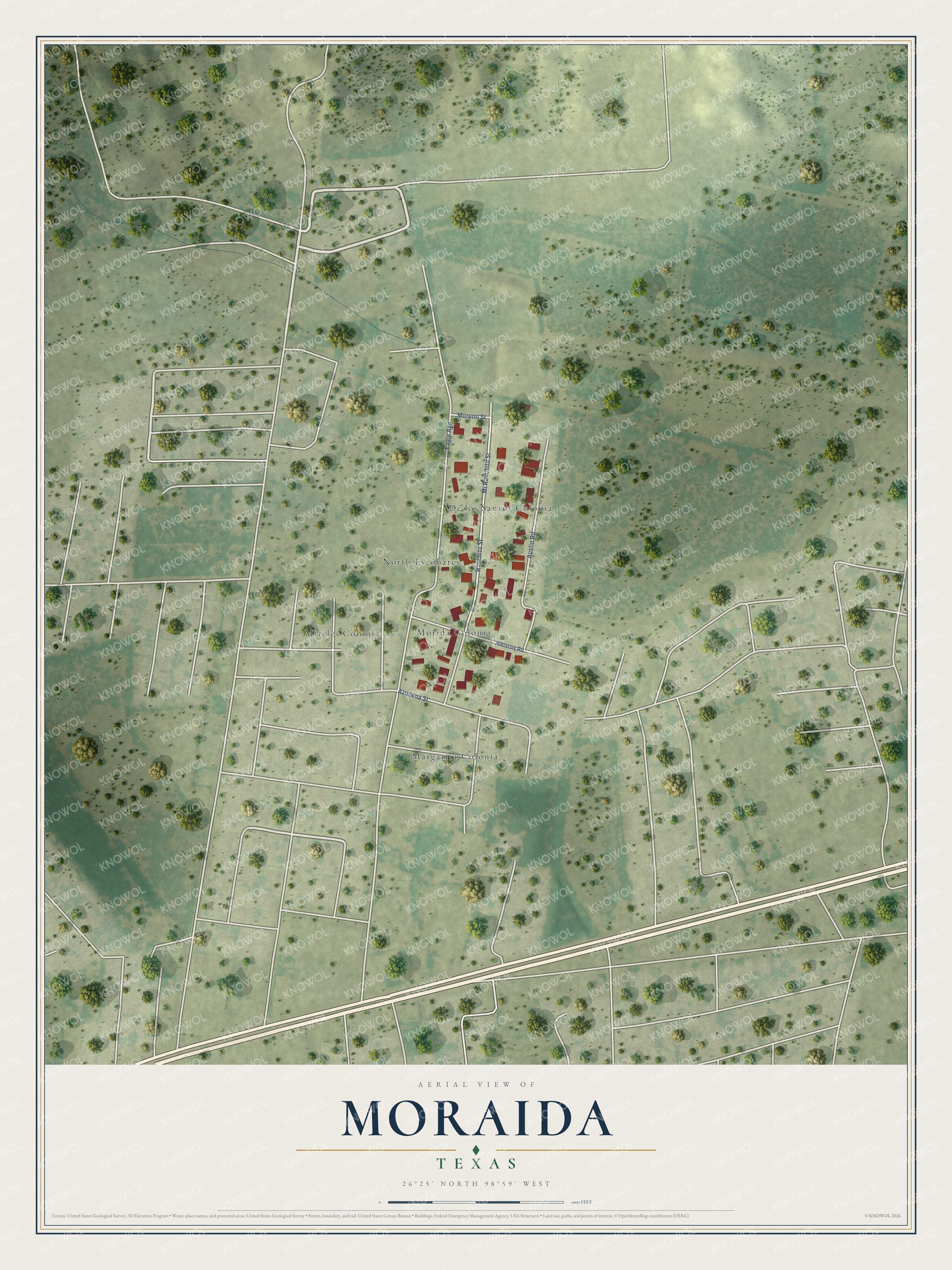 Full map of Moraida, Texas, with red buildings, printed street names and the land around them