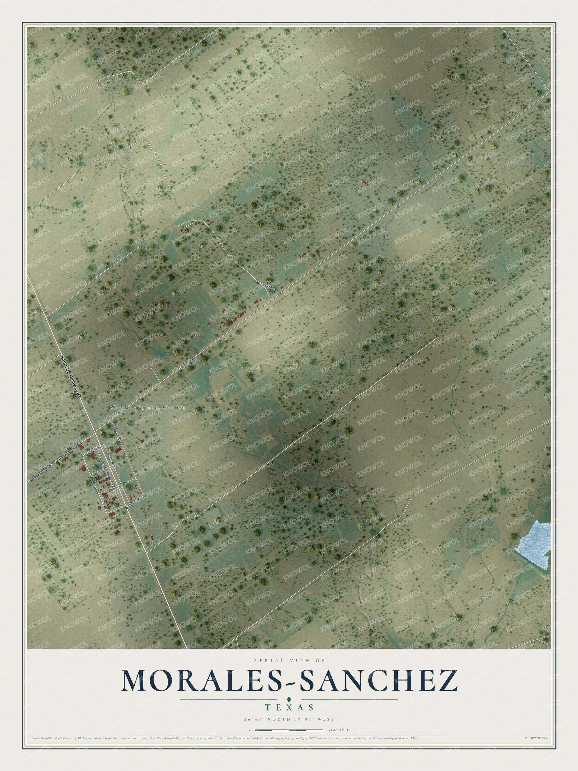 Full map of Morales-Sanchez, Texas, with red buildings, printed street names and the land around them