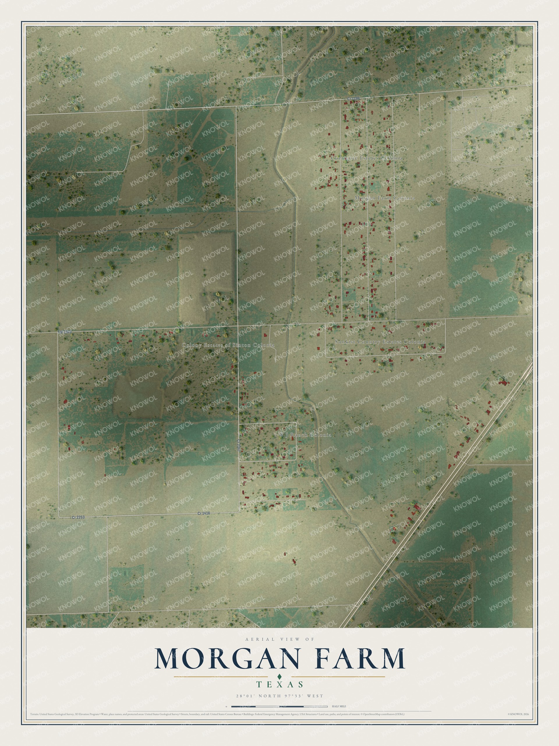 Full map of Morgan Farm, Texas, with red buildings, printed street names and the land around them