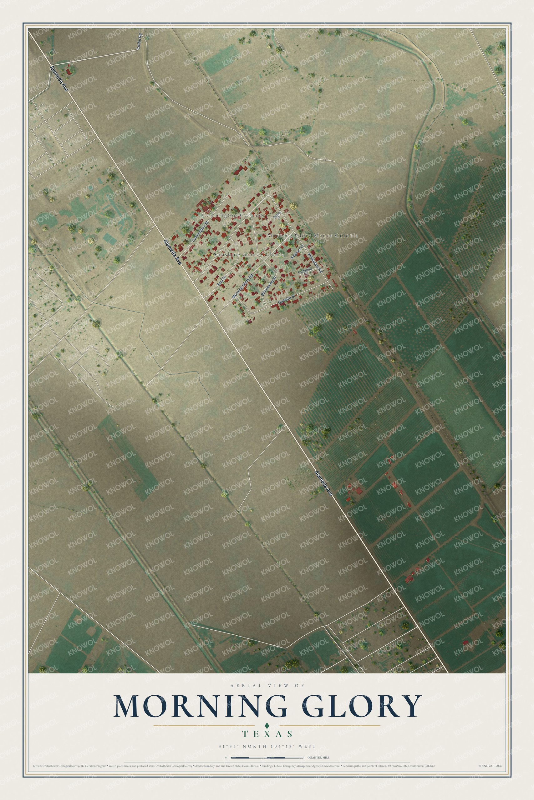 Full map of Morning Glory, Texas, with red buildings, printed street names and the land around them