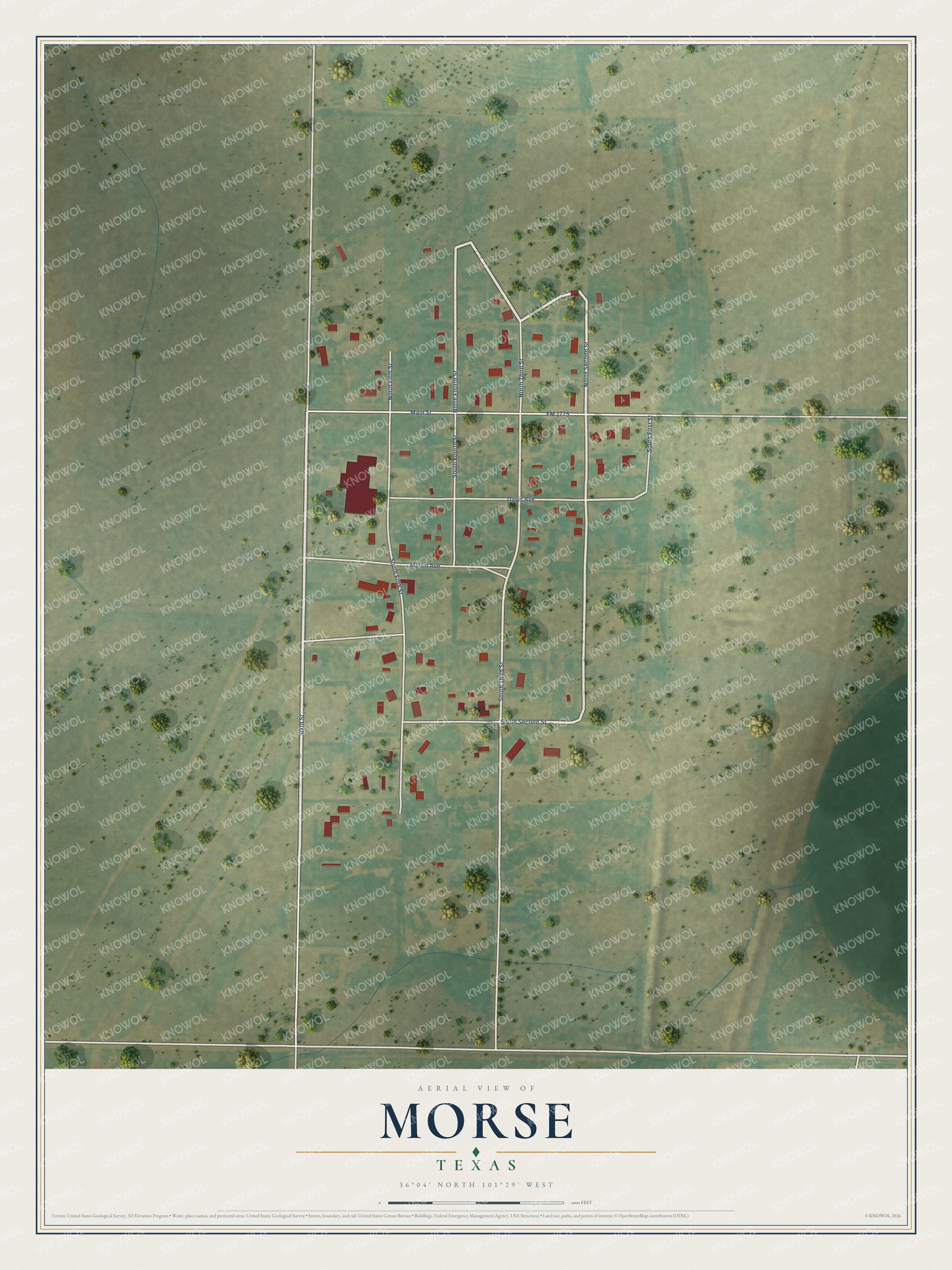 Full map of Morse, Texas, with red buildings, printed street names and the land around them