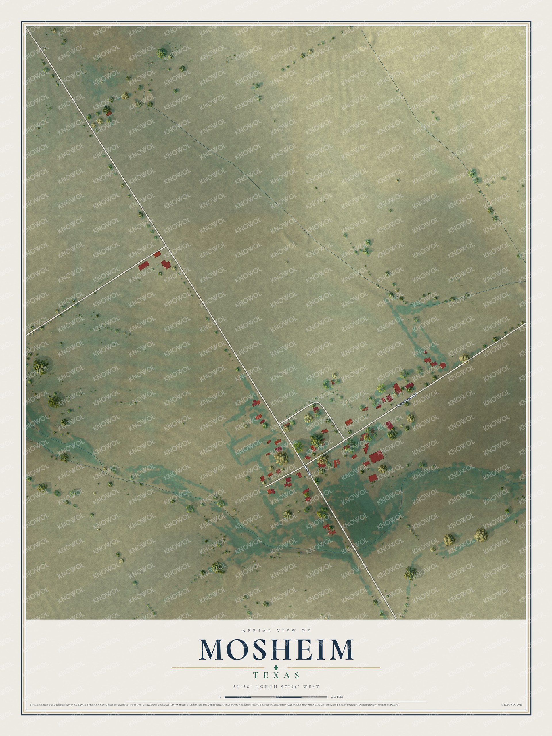 Full map of Mosheim, Texas, with red buildings, printed street names and the land around them