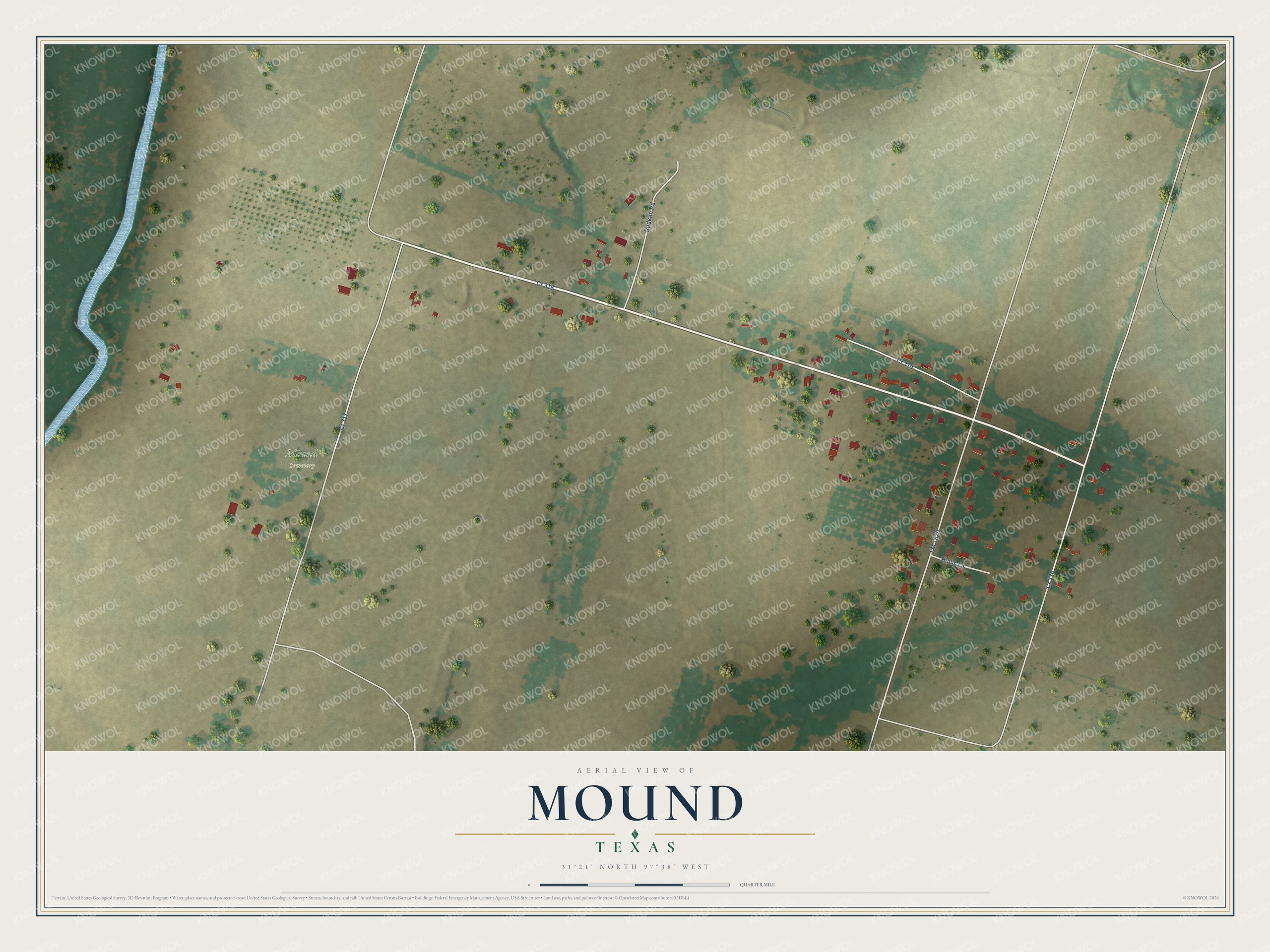 Full map of Mound, Texas, with red buildings, printed street names and the land around them