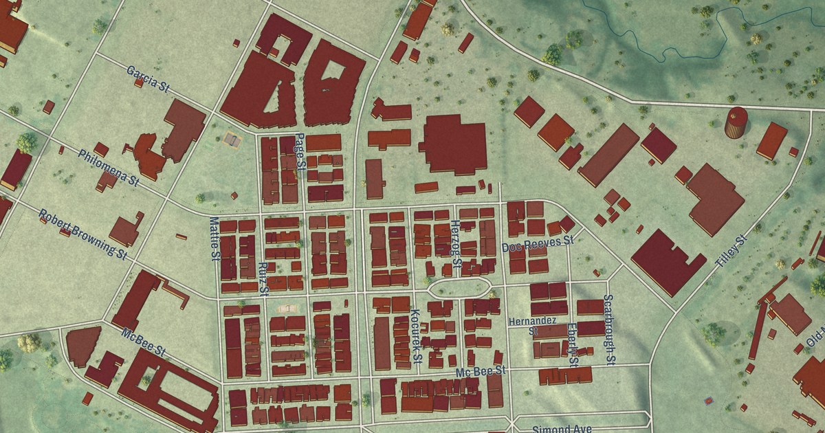 Close-up of streets and buildings in Mueller, Texas