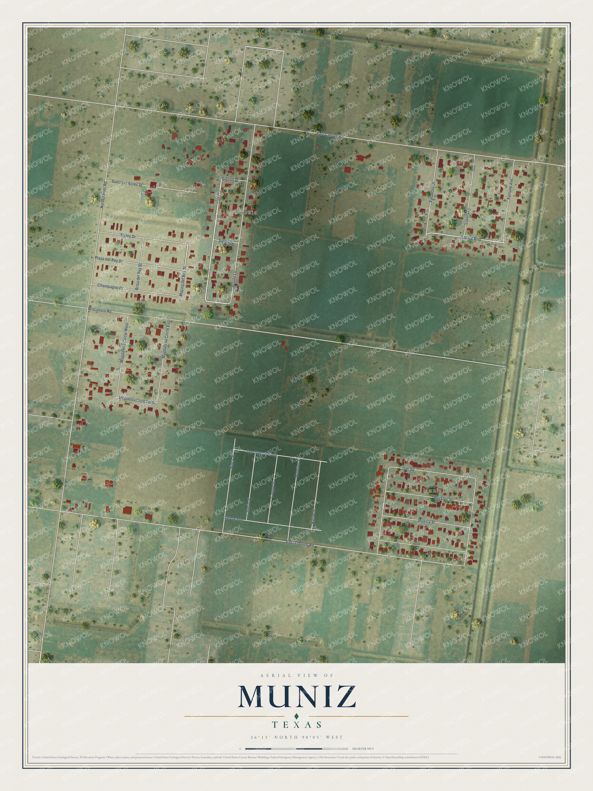 Full map of Muniz, Texas, with red buildings, printed street names and the land around them