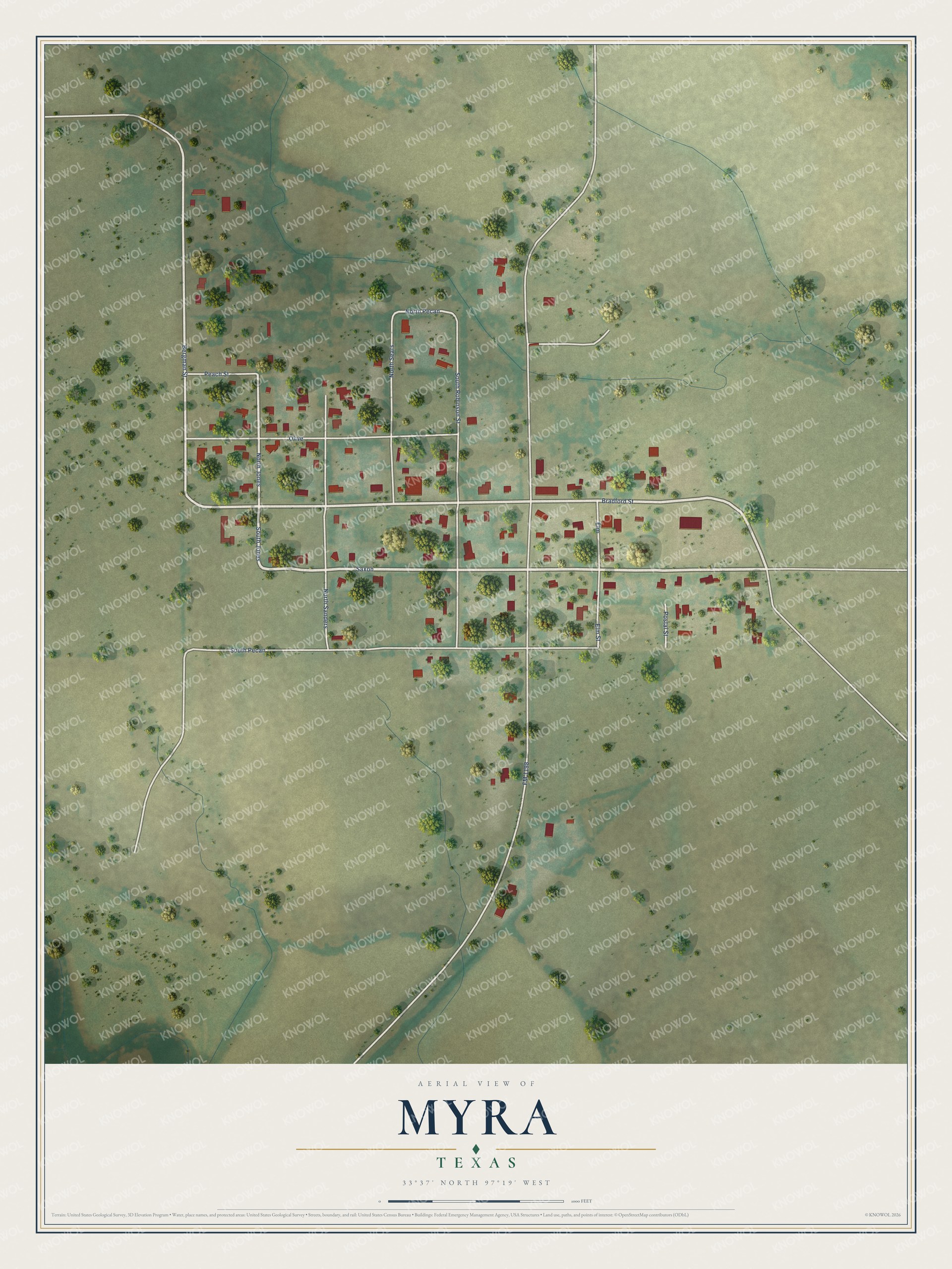 Full map of Myra, Texas, with red buildings, printed street names and the land around them