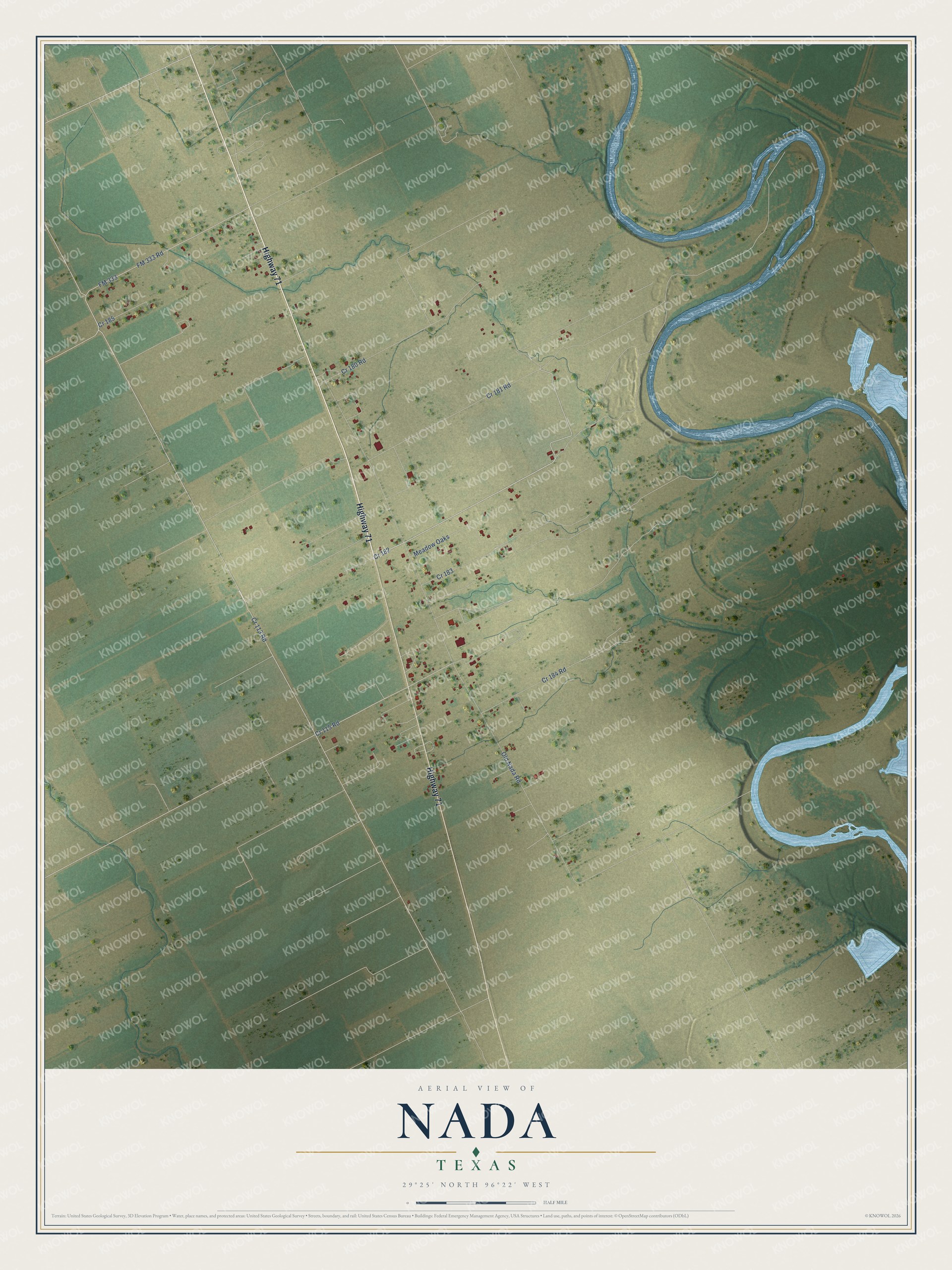 Full map of Nada, Texas, with red buildings, printed street names and the land around them