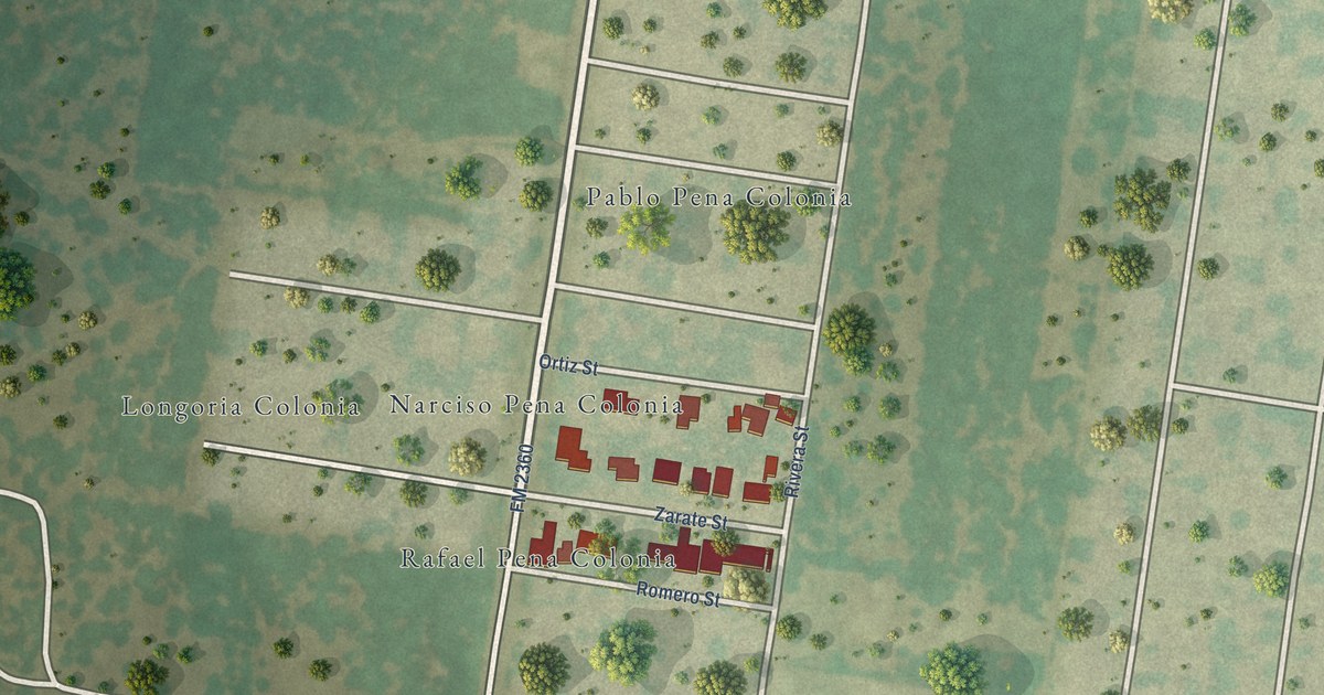 Close-up of streets and buildings in Narciso Pena, Texas