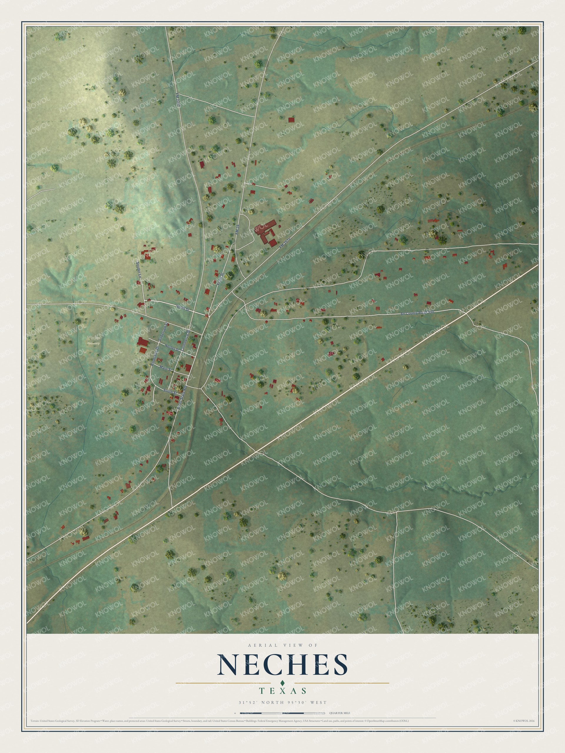 Full map of Neches, Texas, with red buildings, printed street names and the land around them