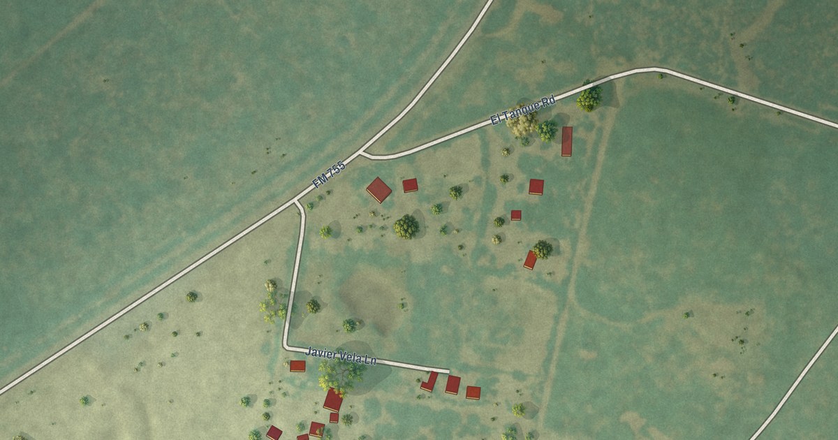 Close-up of streets and buildings in Netos, Texas