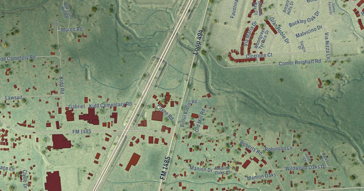 Close-up of streets and buildings in New Caney, Texas