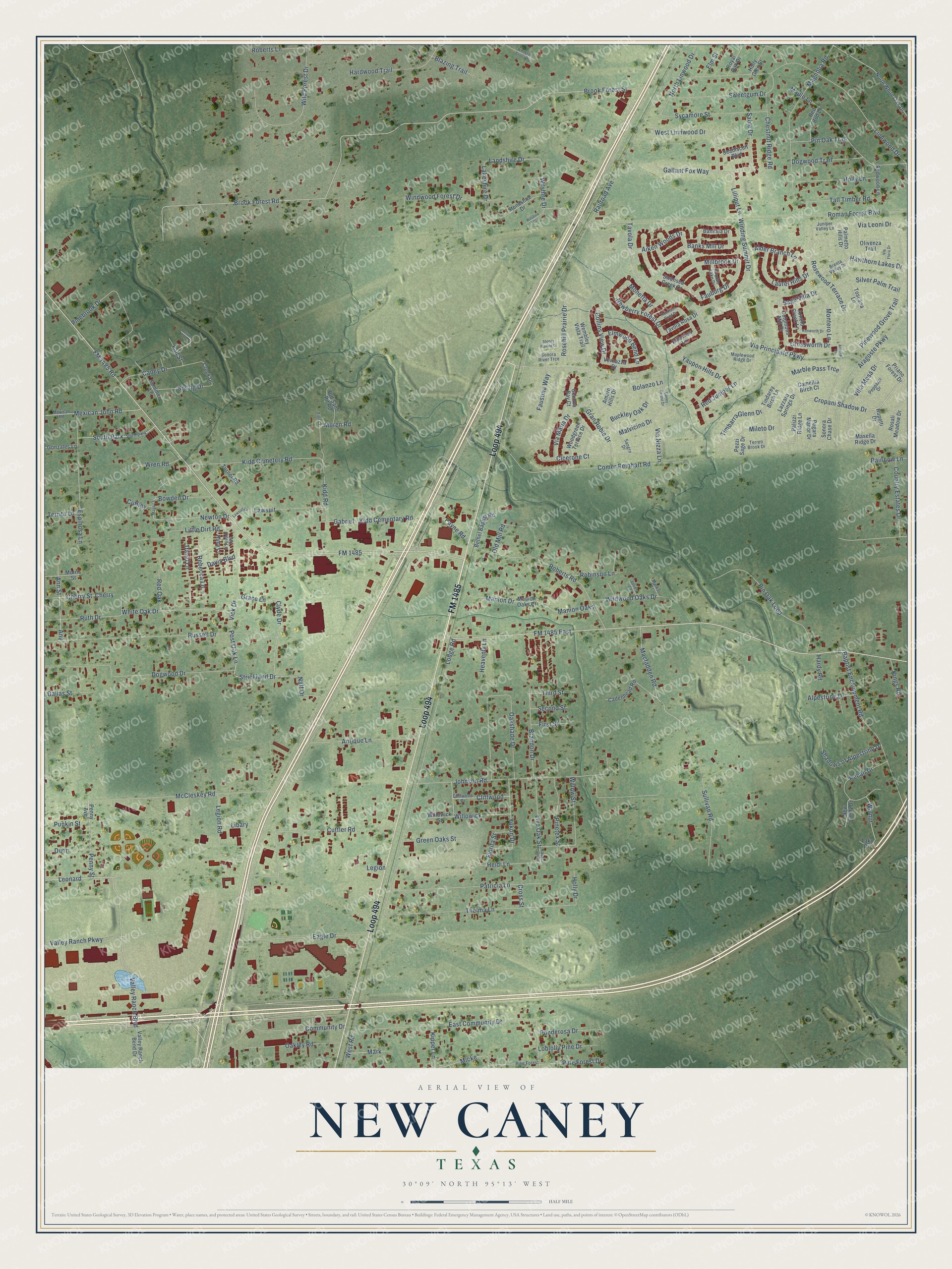 Full map of New Caney, Texas, with red buildings, printed street names and the land around them