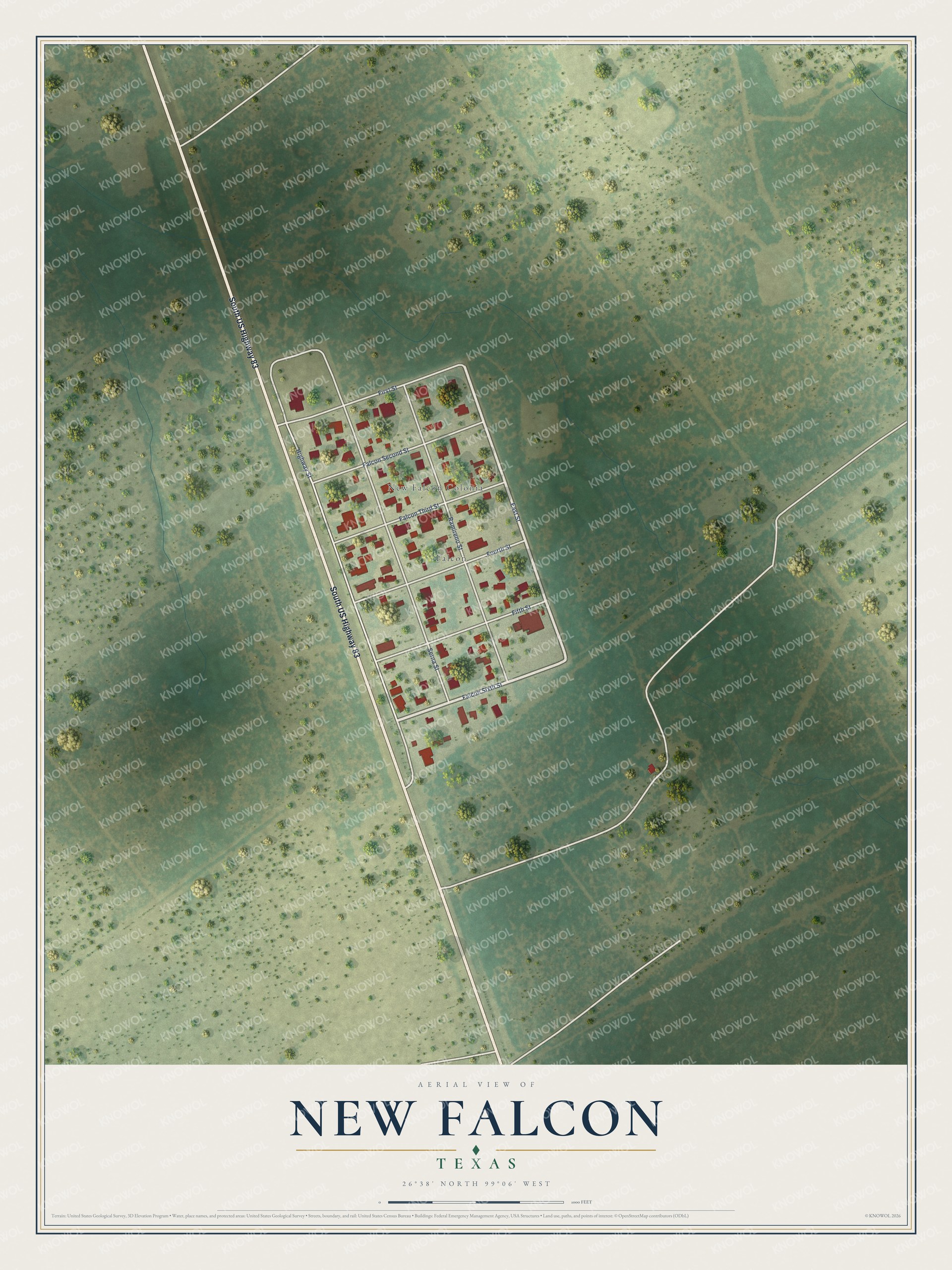Full map of New Falcon, Texas, with red buildings, printed street names and the land around them