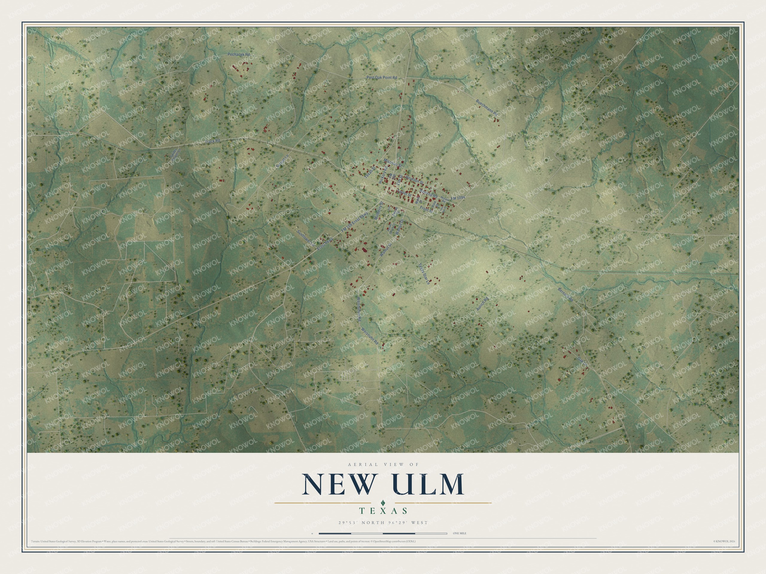 Full map of New Ulm, Texas, with red buildings, printed street names and the land around them