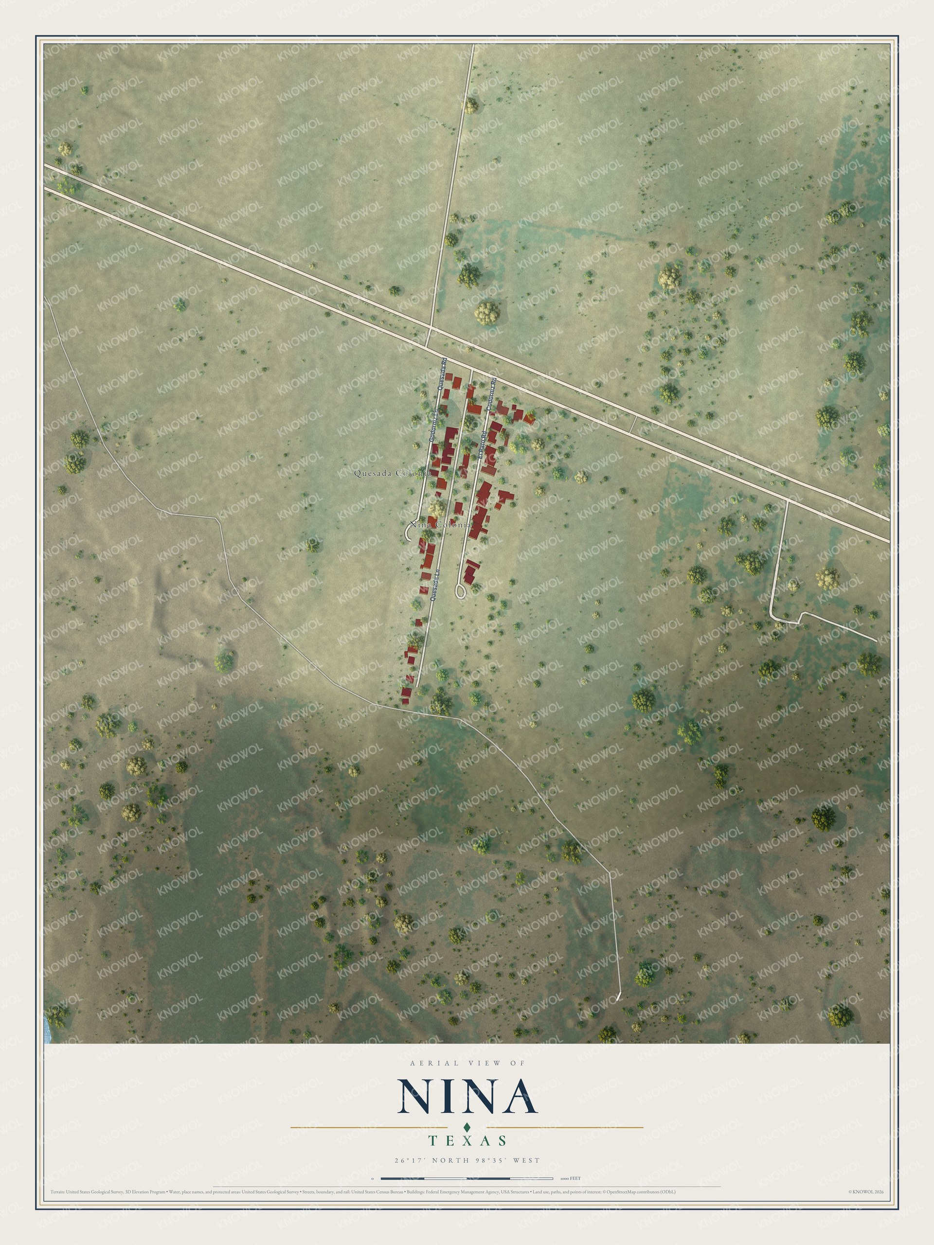 Full map of Nina, Texas, with red buildings, printed street names and the land around them