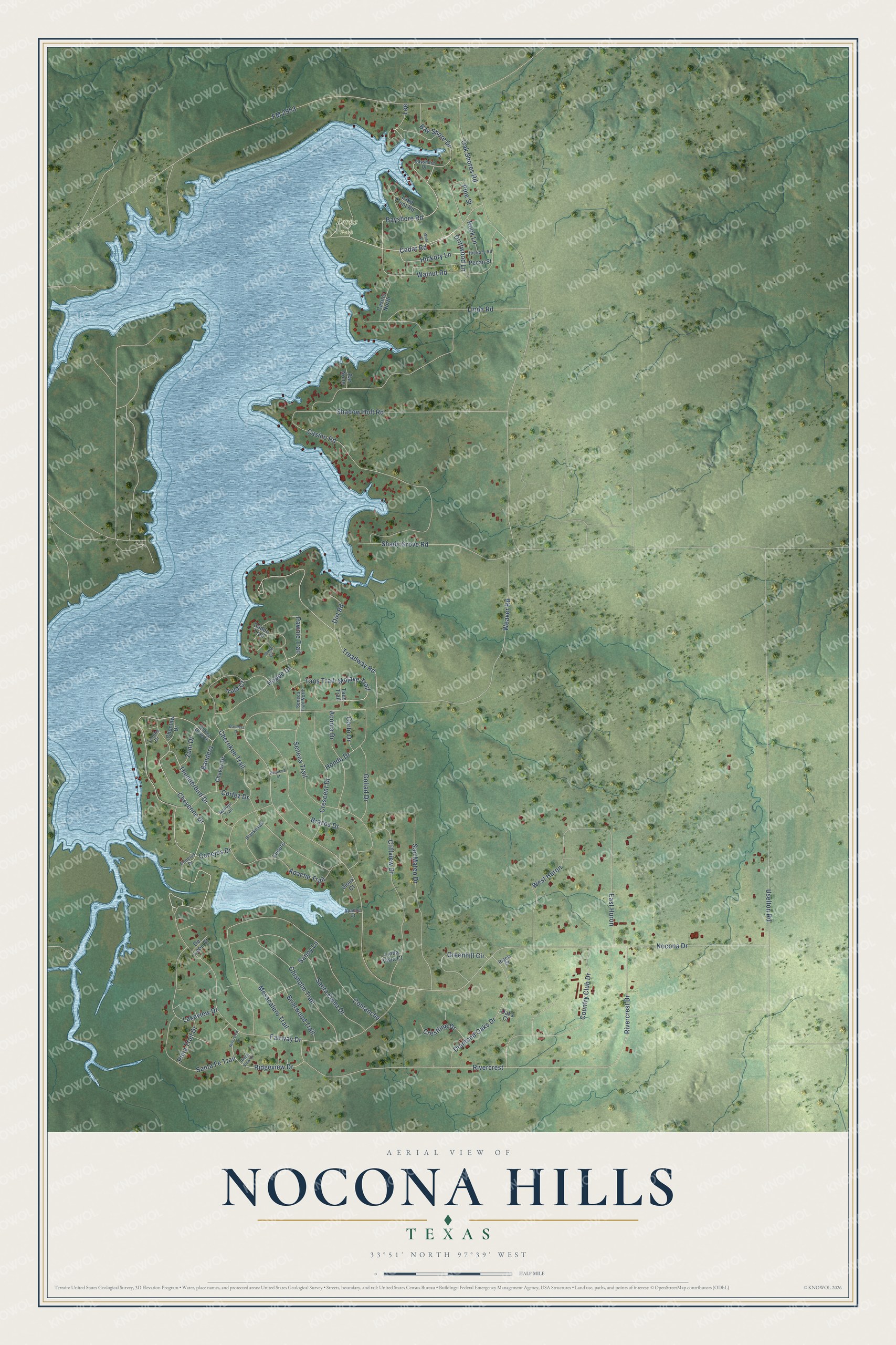 Full map of Nocona Hills, Texas, with red buildings, printed street names and the land around them