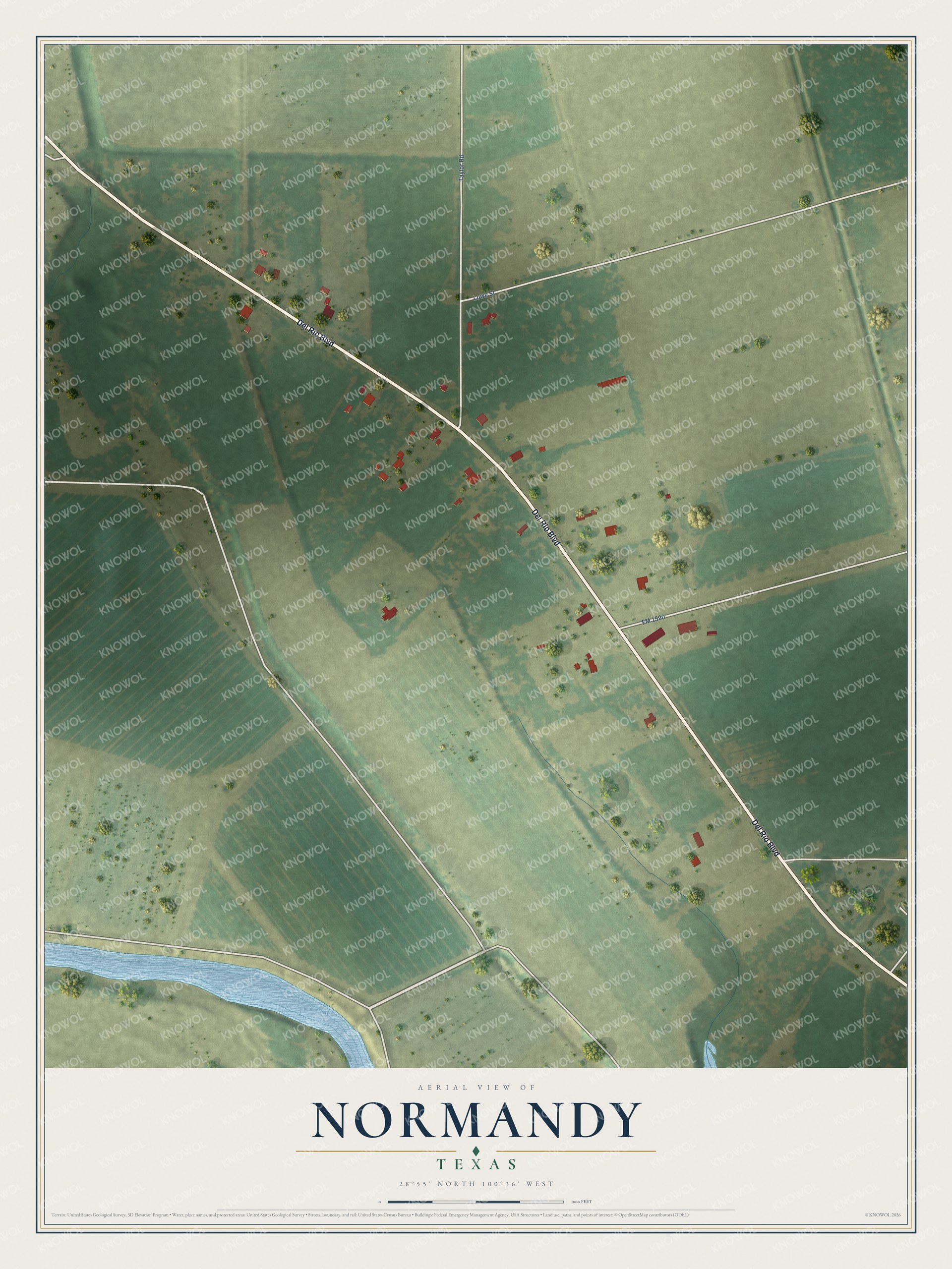 Full map of Normandy, Texas, with red buildings, printed street names and the land around them