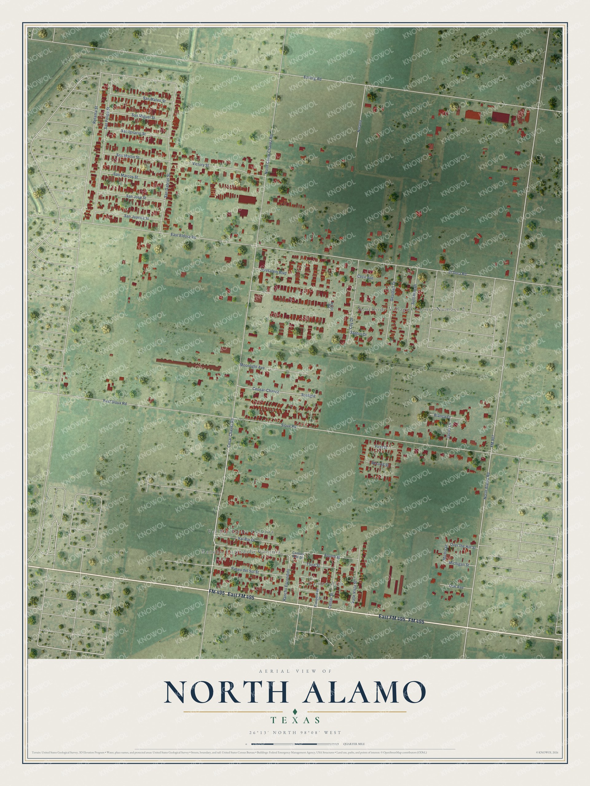 Full map of North Alamo, Texas, with red buildings, printed street names and the land around them