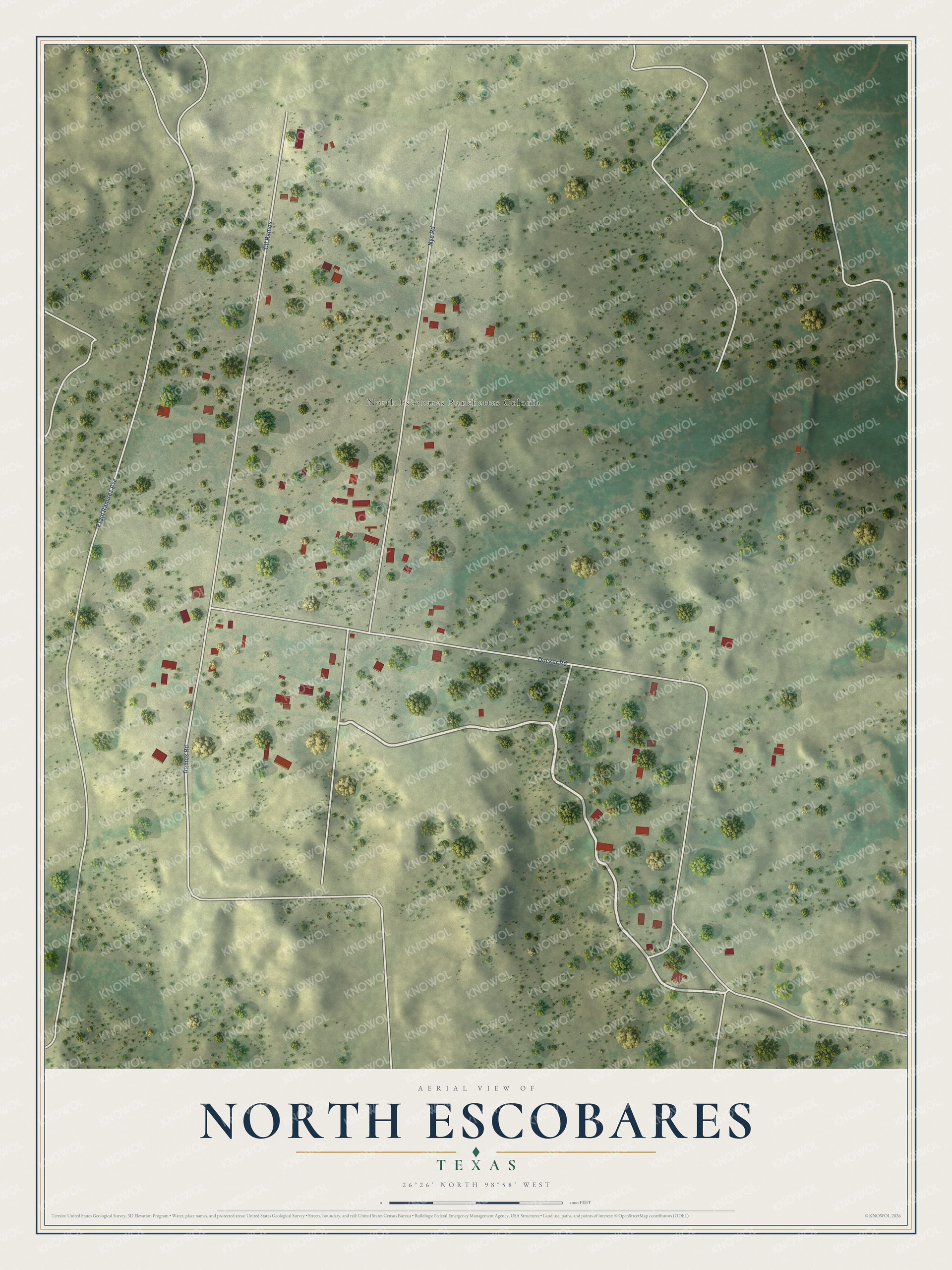 Full map of North Escobares, Texas, with red buildings, printed street names and the land around them