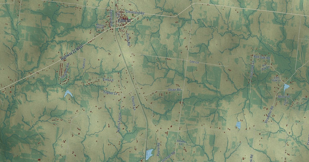 Close-up of streets and buildings in North Zulch, Texas