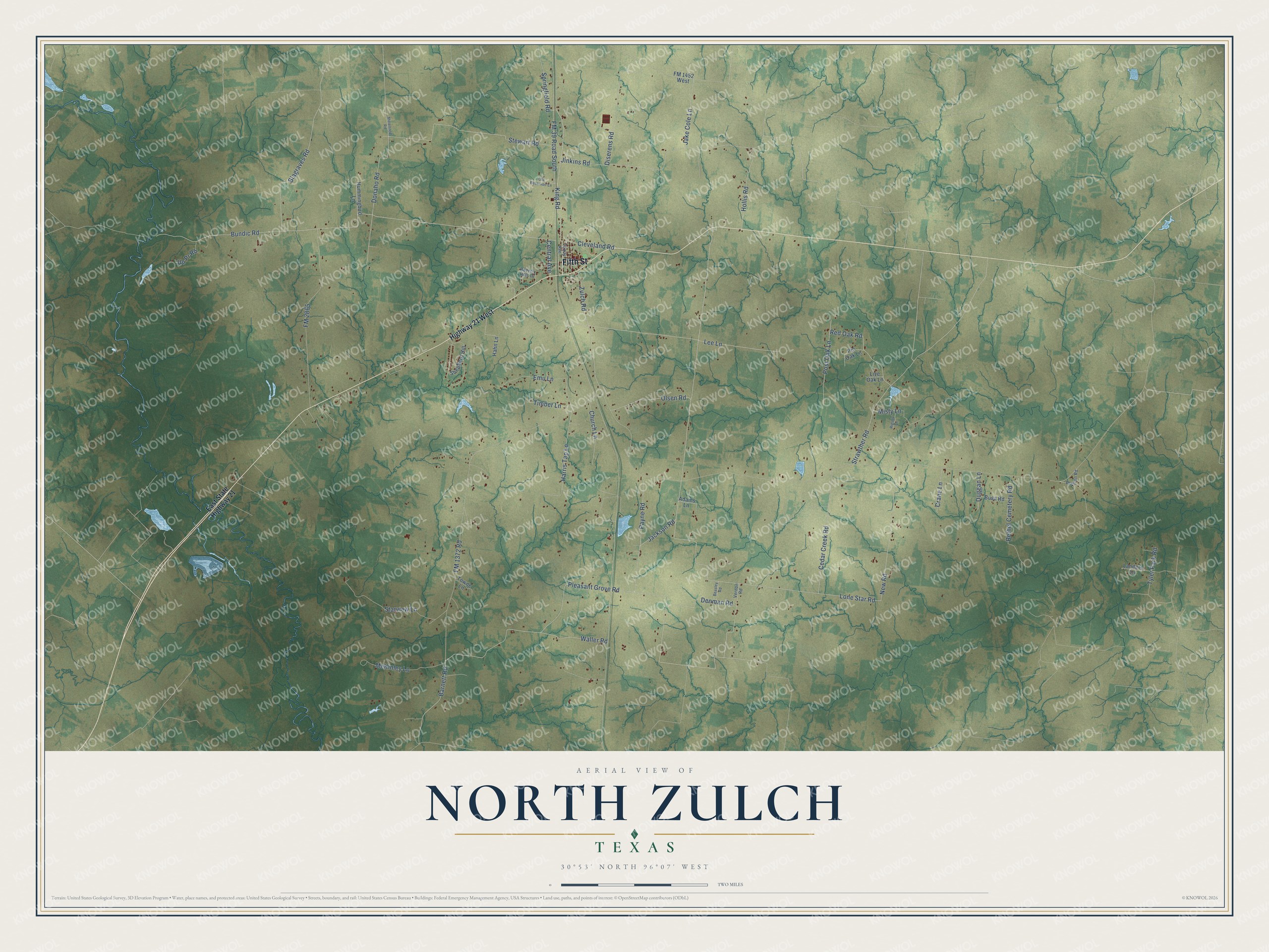 Full map of North Zulch, Texas, with red buildings, printed street names and the land around them