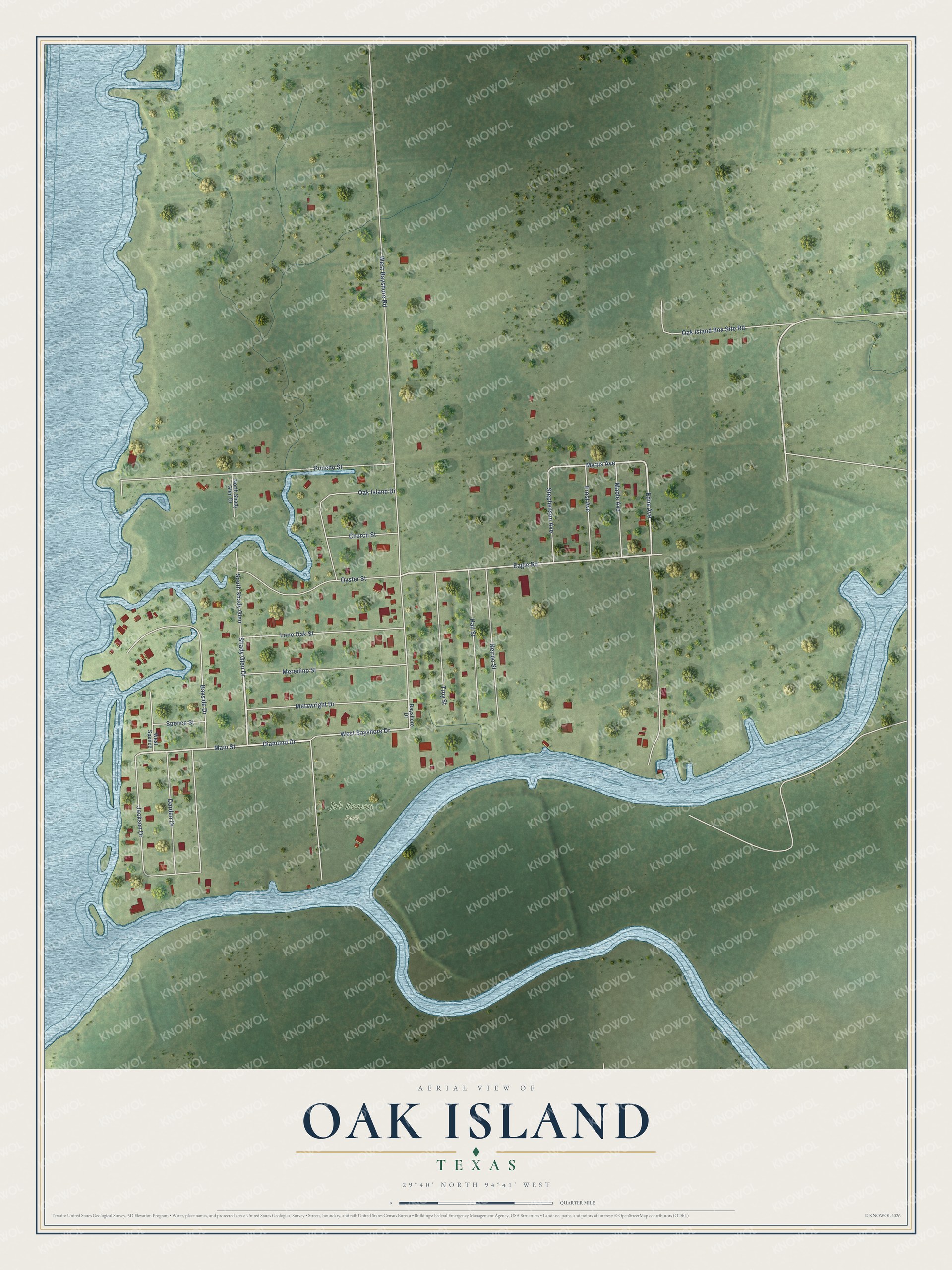 Full map of Oak Island, Texas, with red buildings, printed street names and the land around them