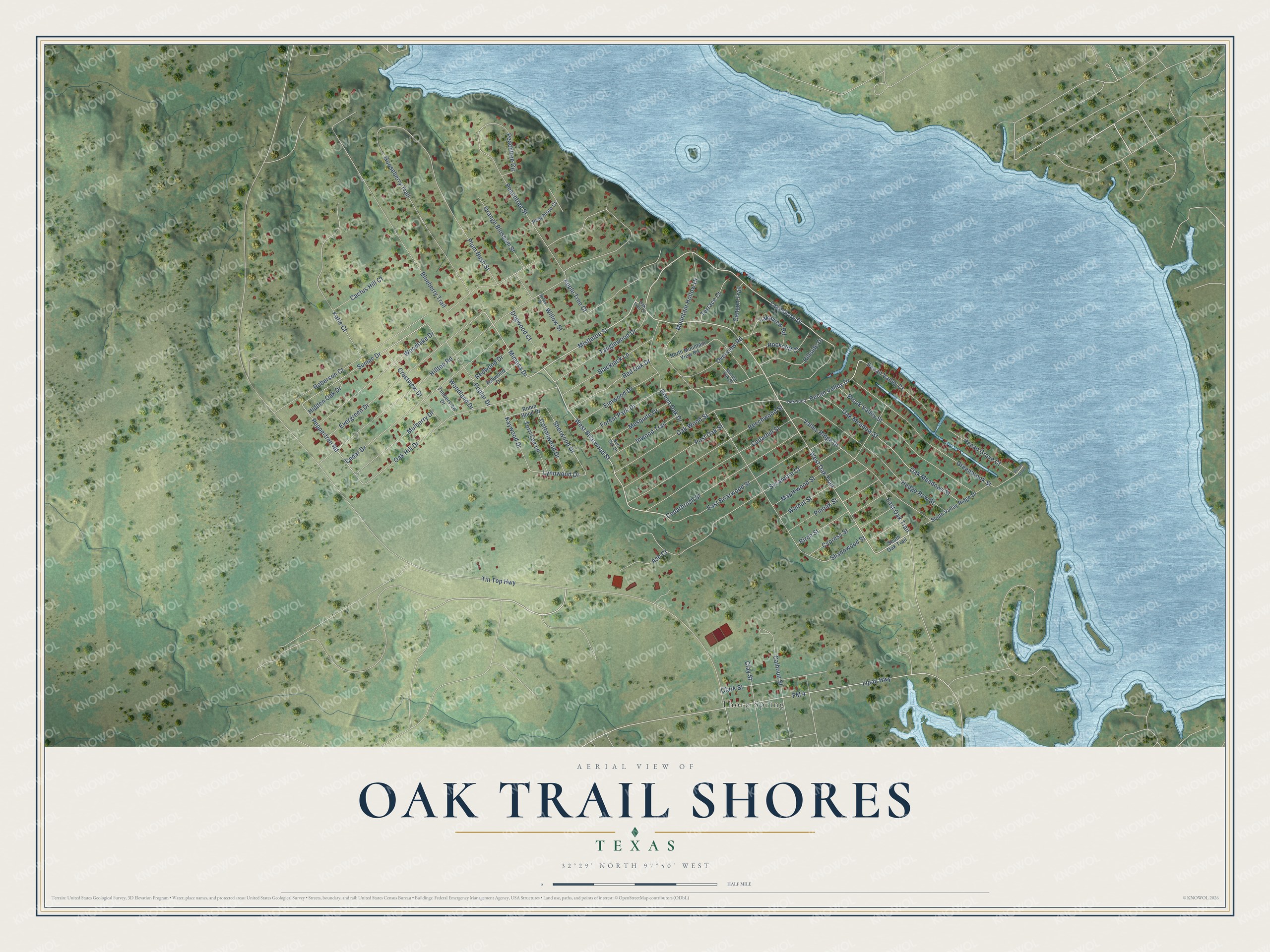 Full map of Oak Trail Shores, Texas, with red buildings, printed street names and the land around them