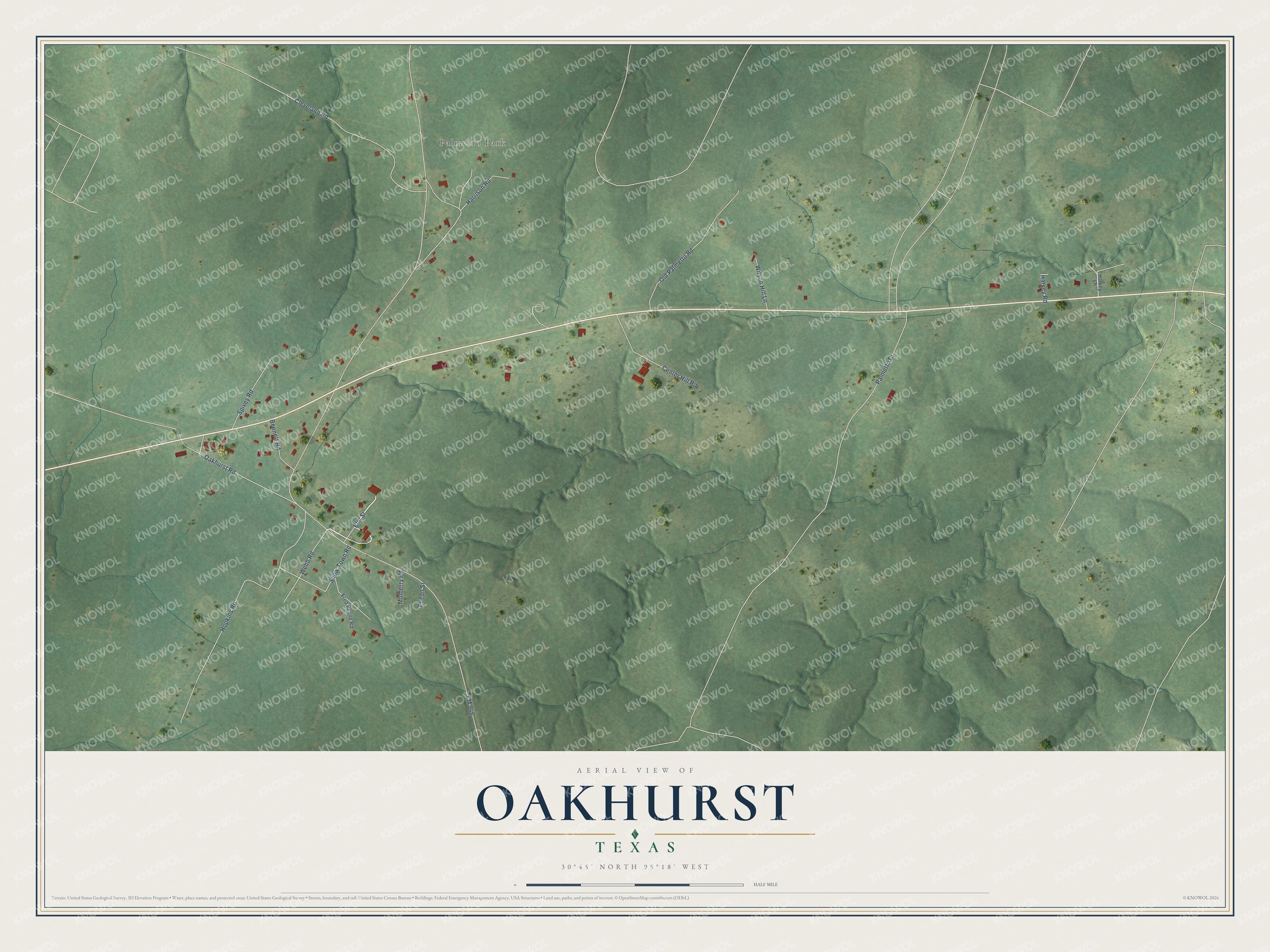 Full map of Oakhurst, Texas, with red buildings, printed street names and the land around them